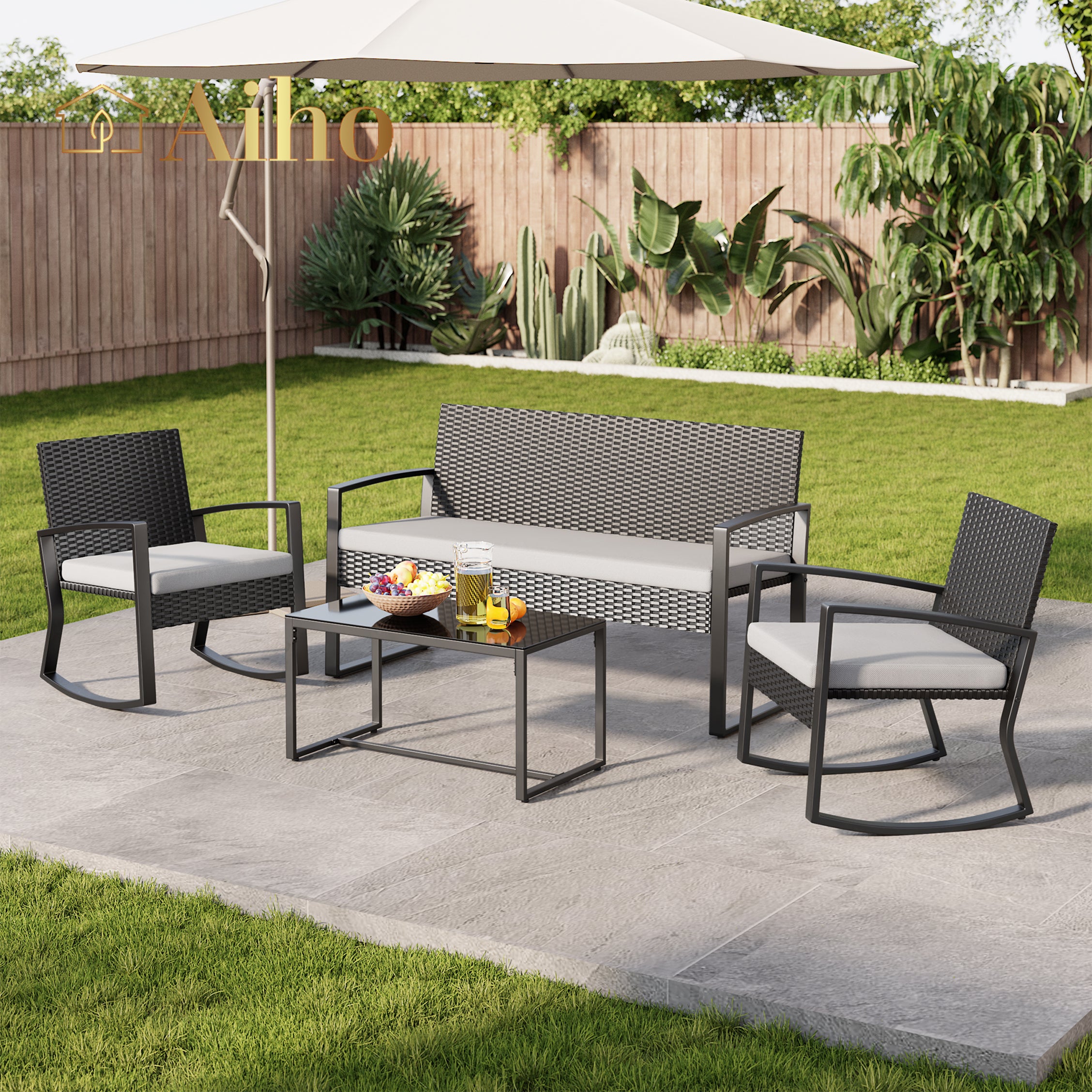 Aiho 4 Pieces Wicker Patio Furniture Set Clearance .Outdoor Chairs with  Coffee Table for Garden, Bistro, Porch, Balcony, Backyard ,Gray