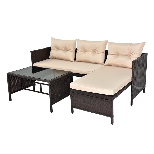 Al Fresco Patio Furniture Sets, 3 Pieces Outdoor Sectional Sofa, Black All-Weather Rattan Wicker Sofa Small Patio Conversation Couch with Washable Cushion
