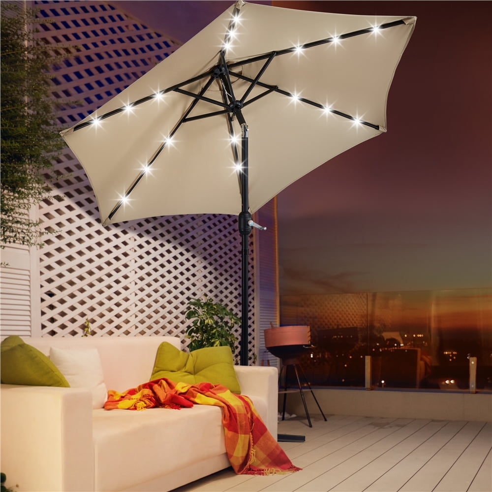 Alden Design 7.5ft Standard Patio Umbrella with LED Lights, Tan