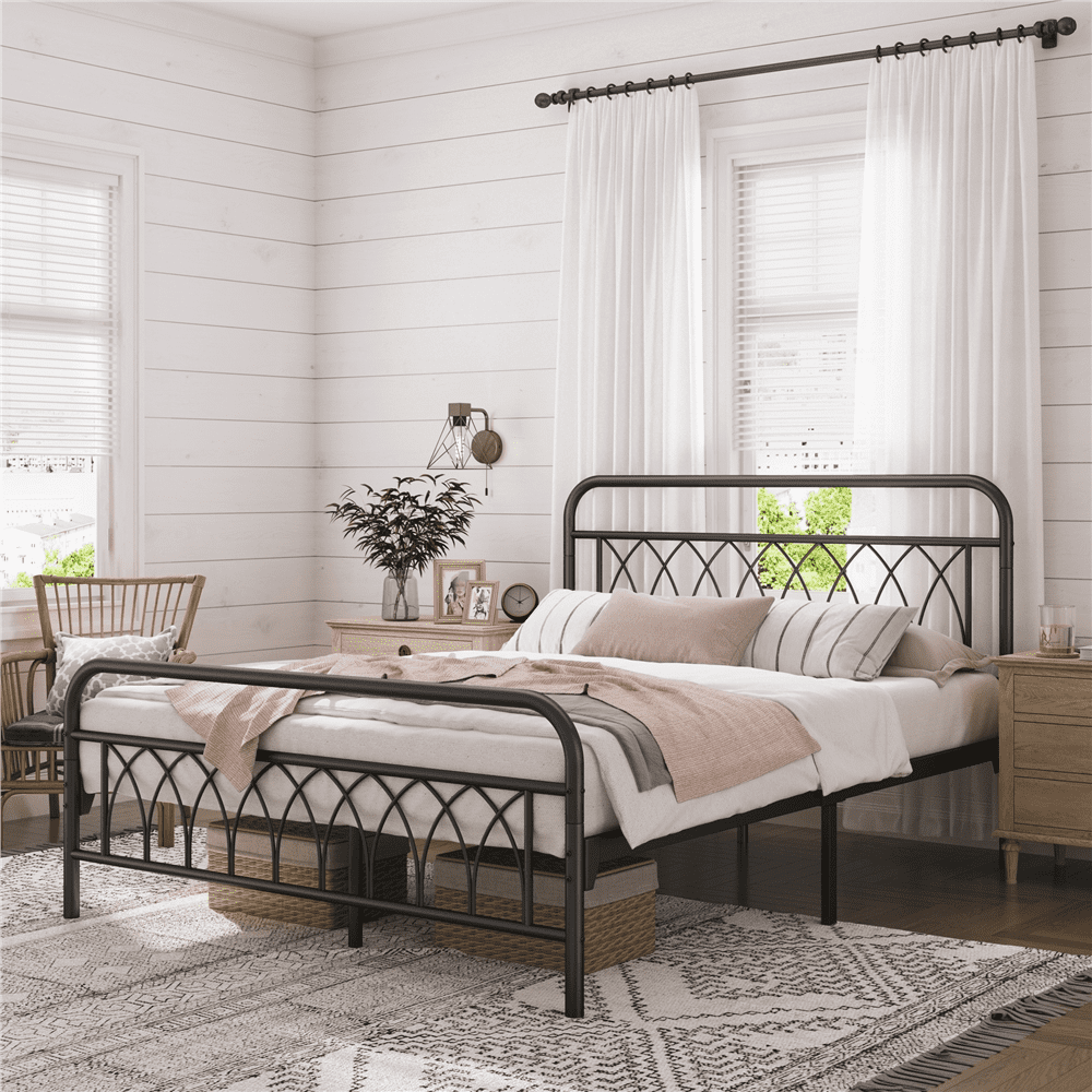 Alden Design Metal Platform Bed Frame with Headboard and Footboard, Twin, Antique Gold