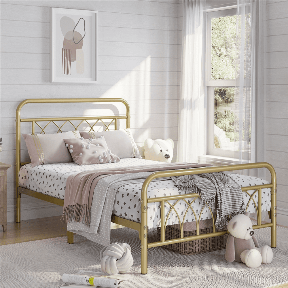 Alden Design Metal Platform Bed Frame with Headboard and Footboard, Twin, Antique Gold