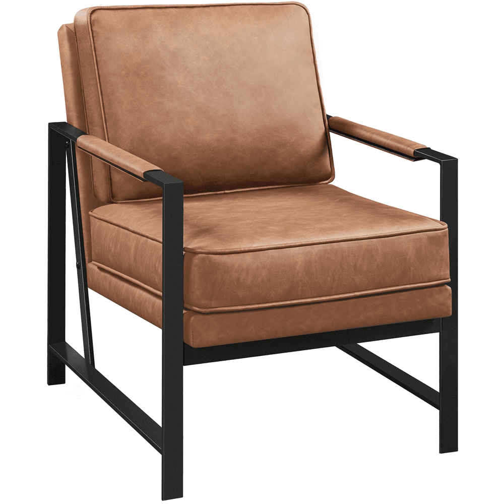 Alden Design Mid-Century Modern Accent Chair with Metal Frame, Brown Faux Leather