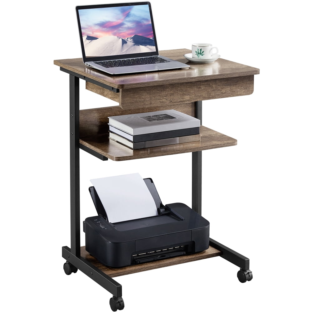 Alden Design Rolling Computer Desk with 2 Storage Shelves and Drawer, Black