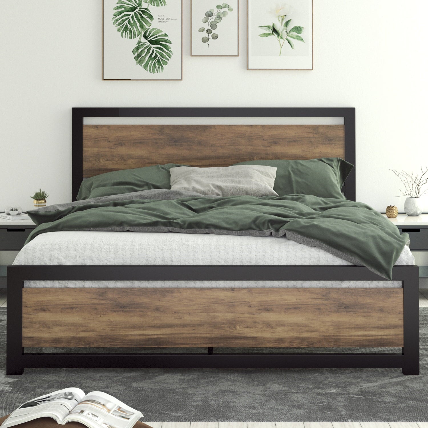 Allewie Queen Size Metal Platform Bed Frame with Square Frame Wooden Headboard&Footboard, Brown