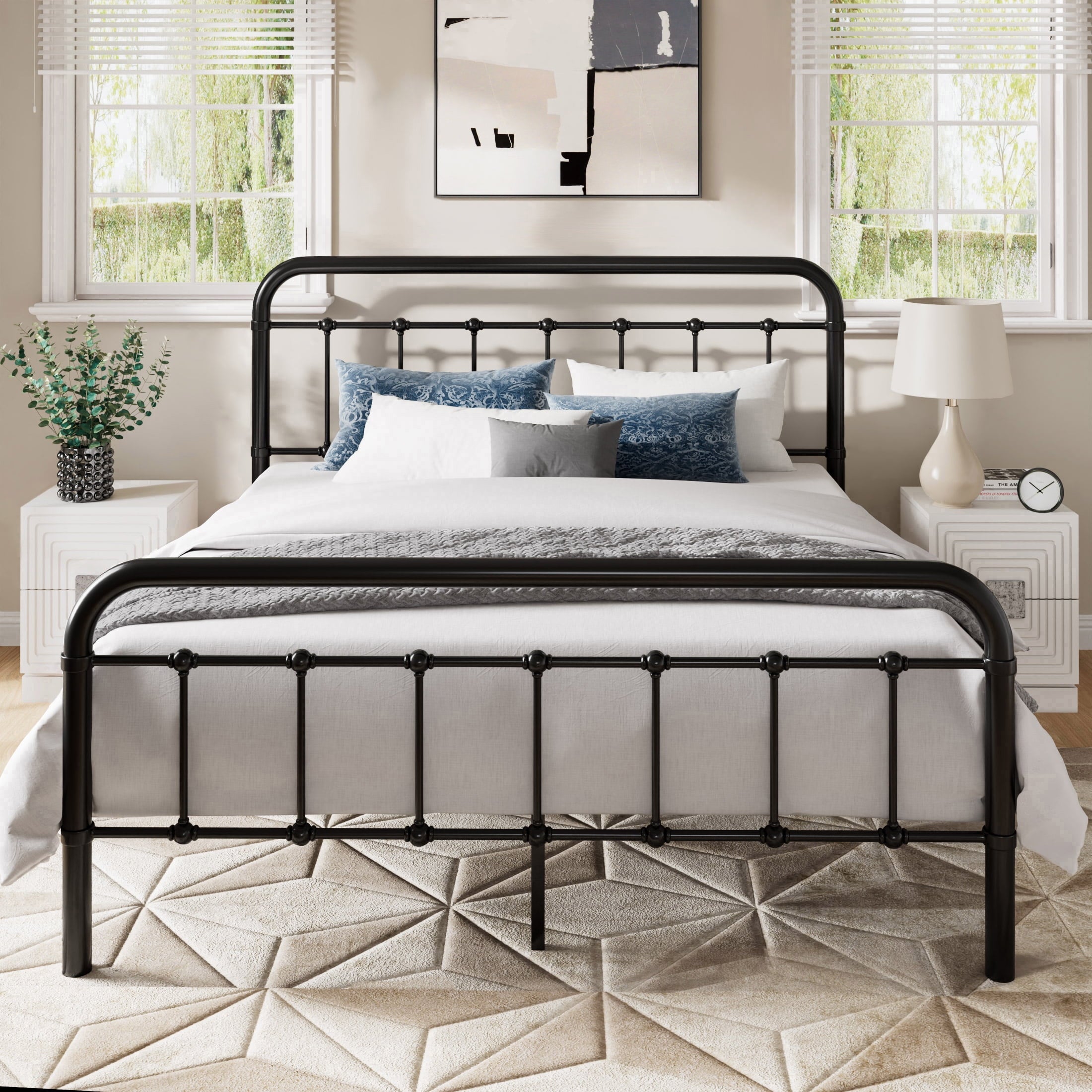 Allewie Queen Size Metal Platform Bed Frame with Victorian Style Wrought Iron-Art Headboard/Footboard, White