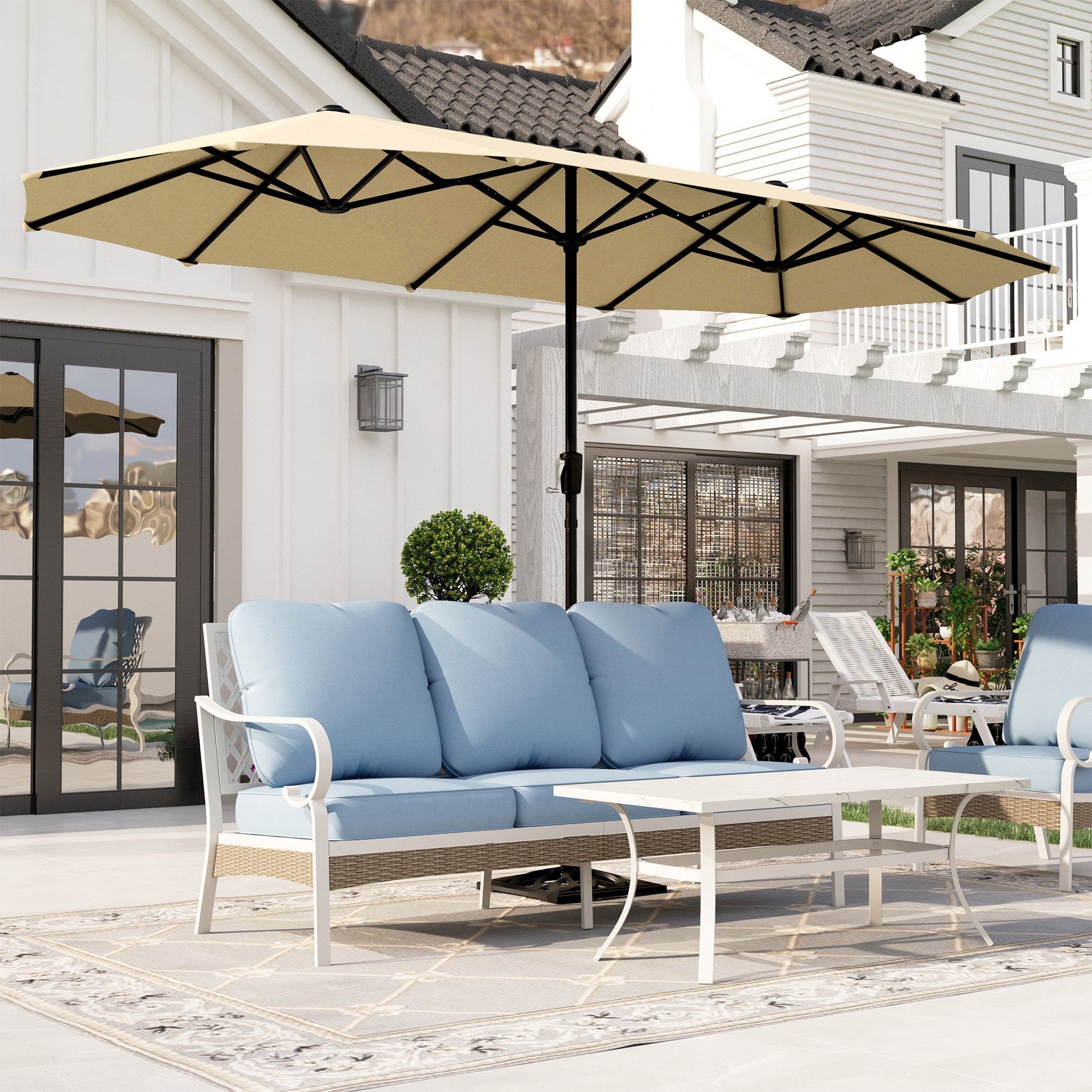 Alpha Joy 13x6.5ft Double-Sided Extra Large Outdoor Patio Umbrella with Crank Handle, Beige
