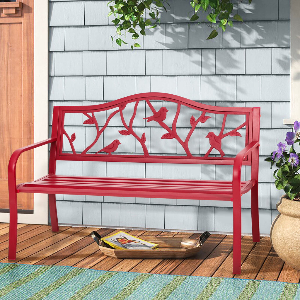 Alpha Joy 50” Outdoor Metal Patio Garden Bench for Lawn, Park, Deck - Red Bird