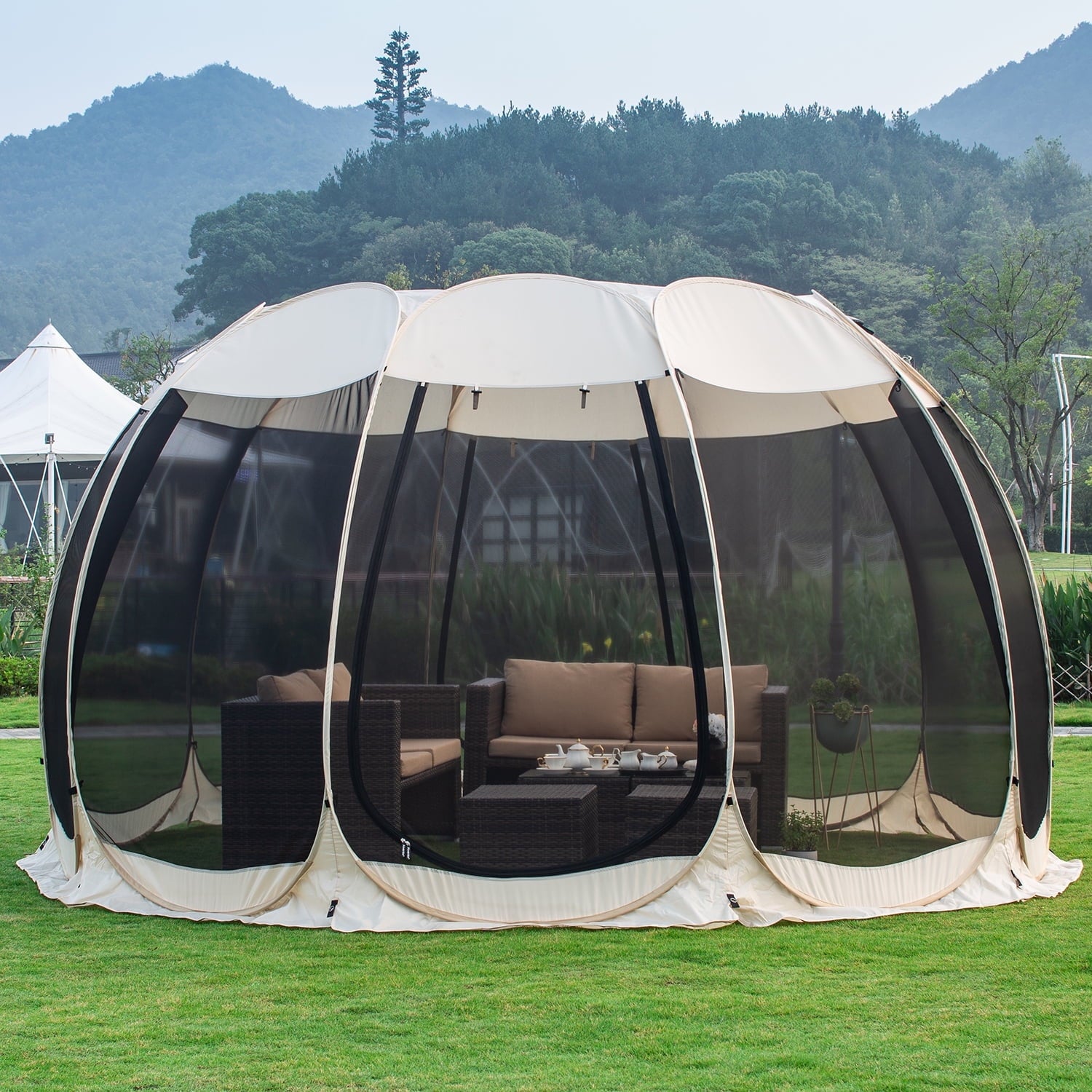 Alvantor Screen House Room Camping Tent Outdoor Canopy Dining Gazebo Pop Up Sun Shade Hexagon Shelter Mesh Walls Not Waterproof 10'x10' Beige