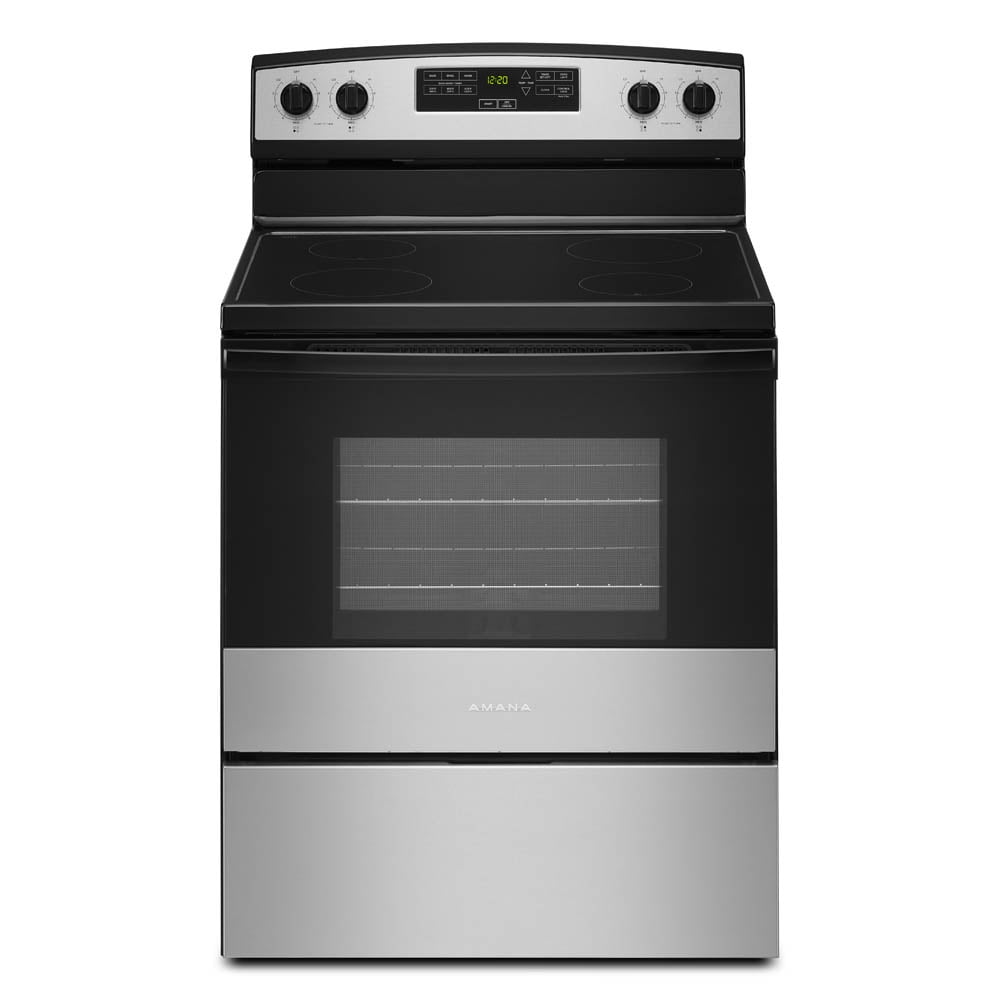 Amana® Brand New Model - AER6303MMS 30-inch Electric Range with 4.8 Cu ft oven. - assembled product Depth: 27.5” - assembled product height: 46.08” - assembled product Width: 30”