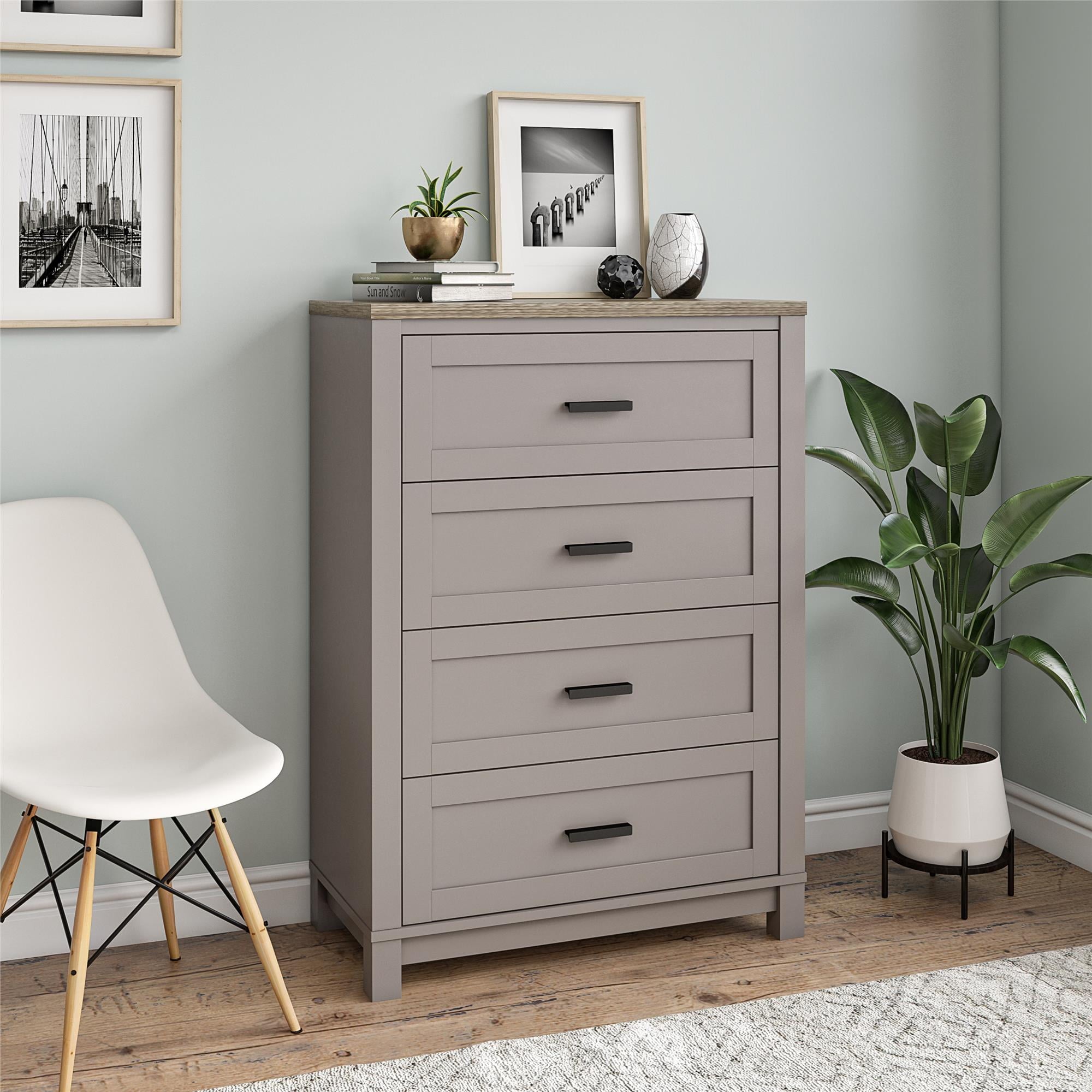 Ameriwood Home Lennon Tall 5 Drawer Dresser, Medium Brown and Faux Rattan