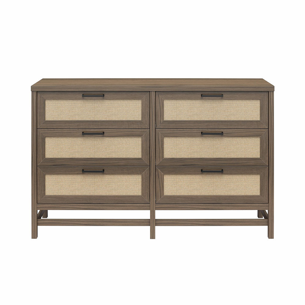 Ameriwood Home Lennon Tall 5 Drawer Dresser, Medium Brown and Faux Rattan