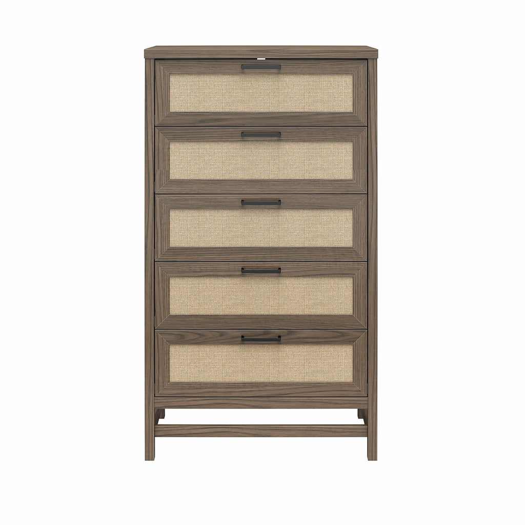 Ameriwood Home Lennon Tall 5 Drawer Dresser, Medium Brown and Faux Rattan