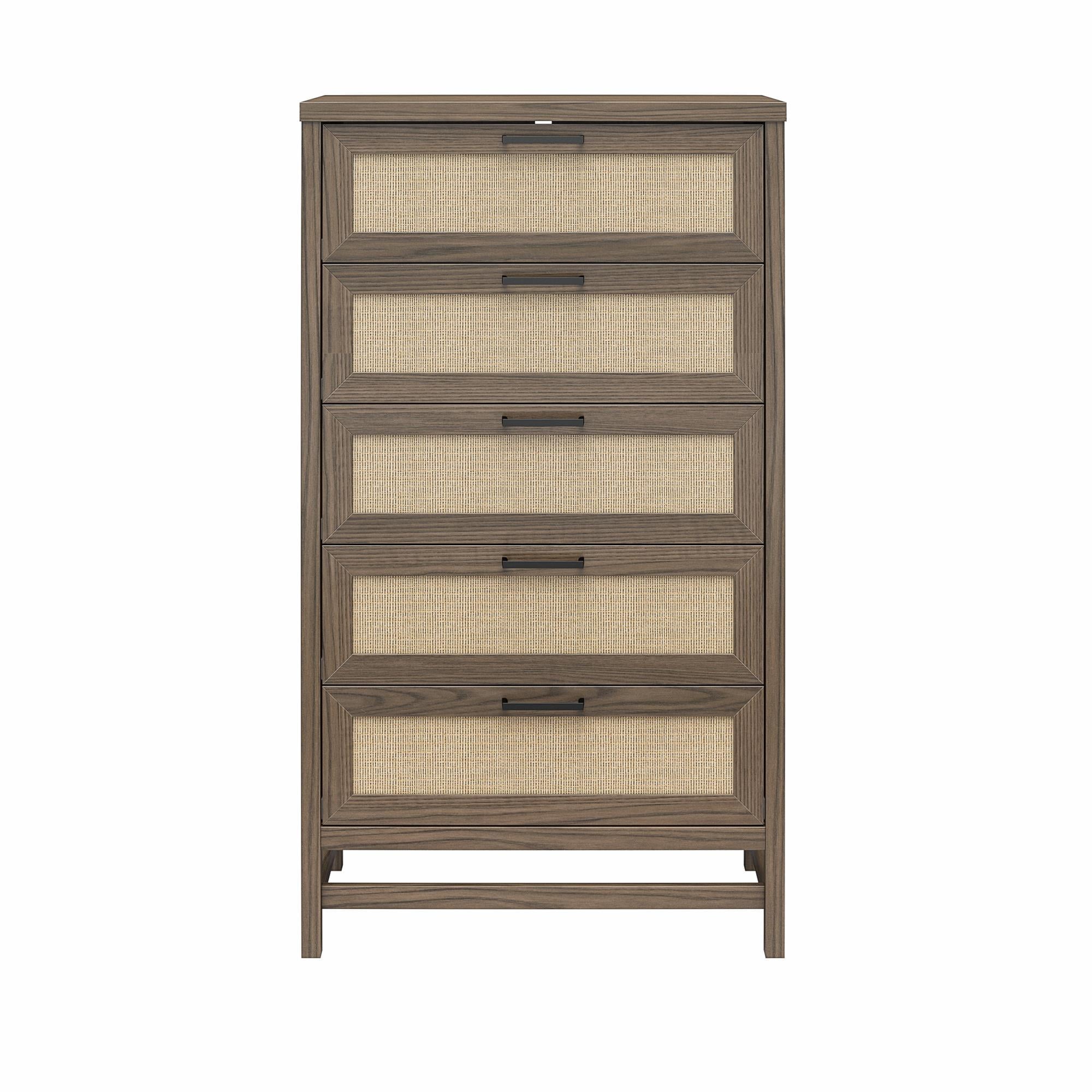 Ameriwood Home Lennon Tall 5 Drawer Dresser, Medium Brown and Faux Rattan