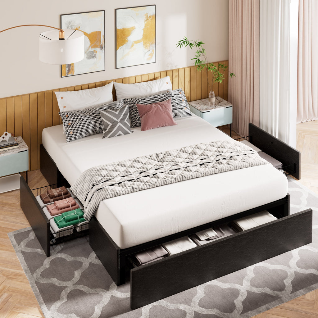Amolife Queen Size Upholstered Platform Bed Frame with 3 Storage Drawers and Wooden Slats, Dark Gray