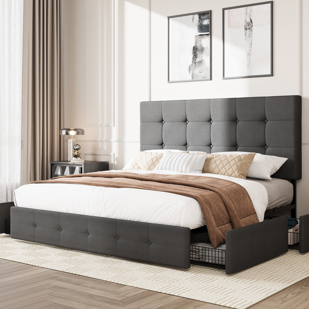 Amolife Queen Size Platform Bed Frame with Headboard and 4 Storage Drawers, Button Tufted Style, Mattress Not Included, Dark Gray