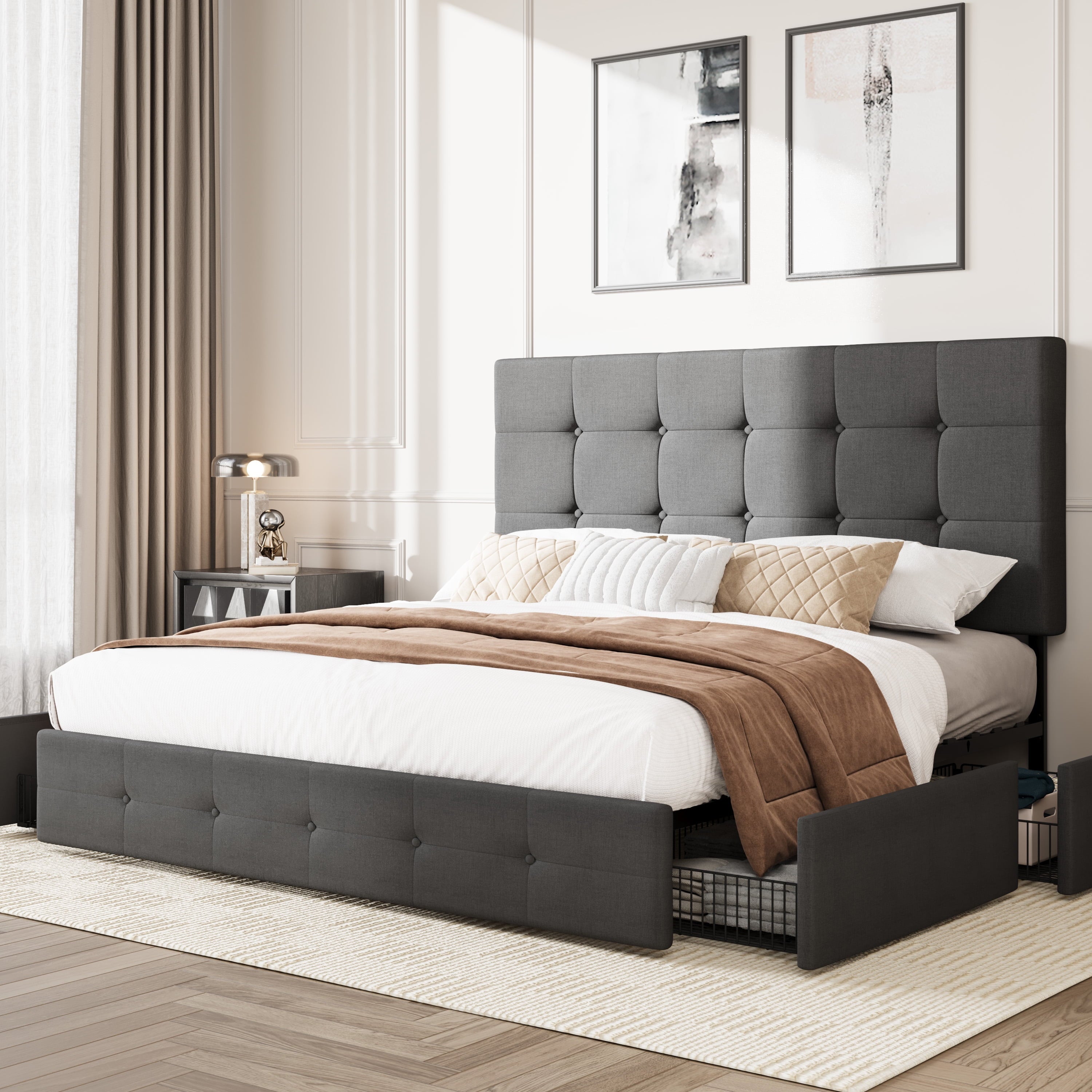 Amolife Queen Size Platform Bed Frame with Headboard and 4 Storage Drawers, Button Tufted Style, Mattress Not Included, Dark Gray