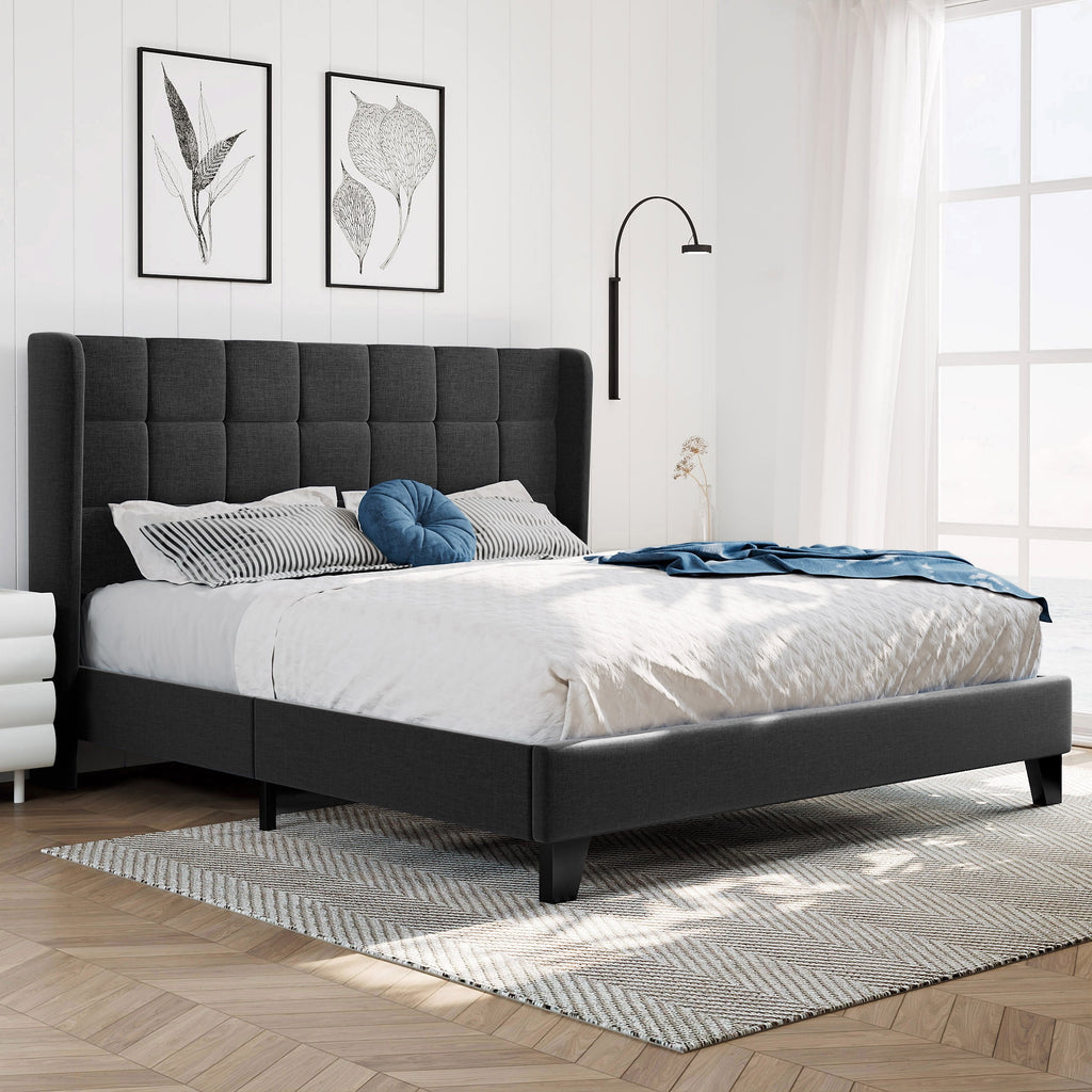 Amolife Queen Size Platform Bed with Wingback Headboard, Square Stitched Style, Dark Grey