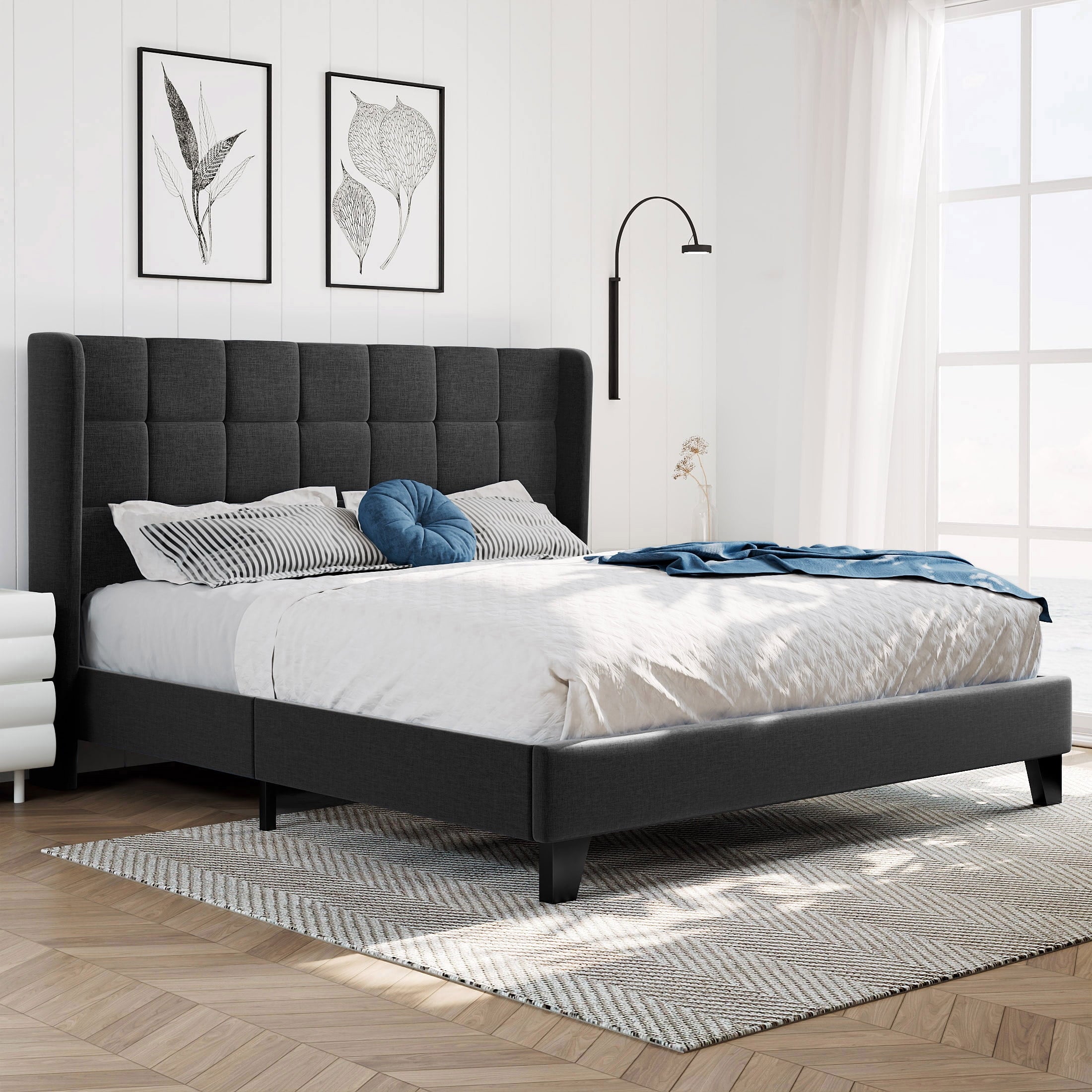 Amolife Queen Size Platform Bed with Wingback Headboard, Square Stitched Style, Dark Grey