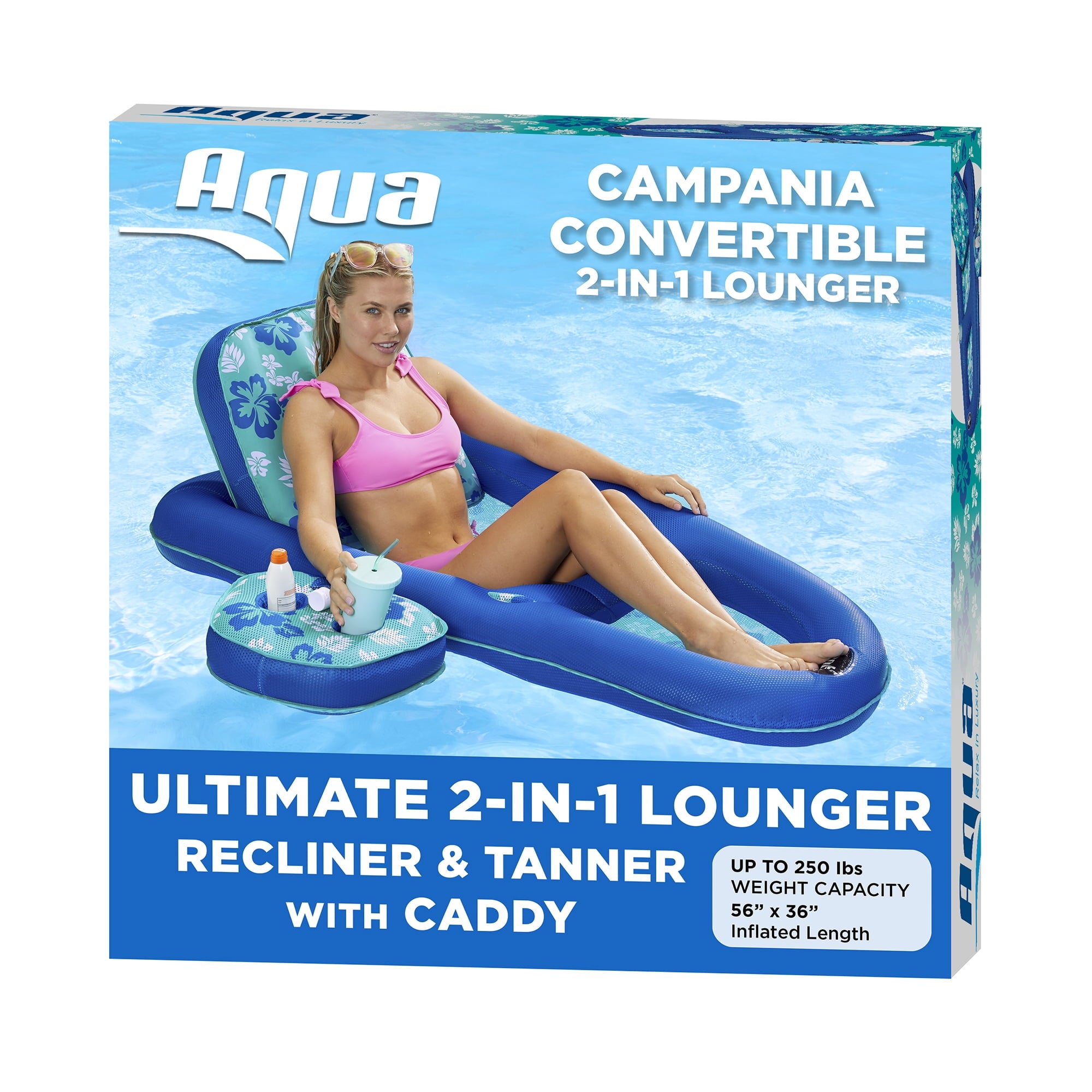 Aqua Leisure Campania Convertible 2 in 1 Pool Float Lounge/Caddy, Teal Hibiscus