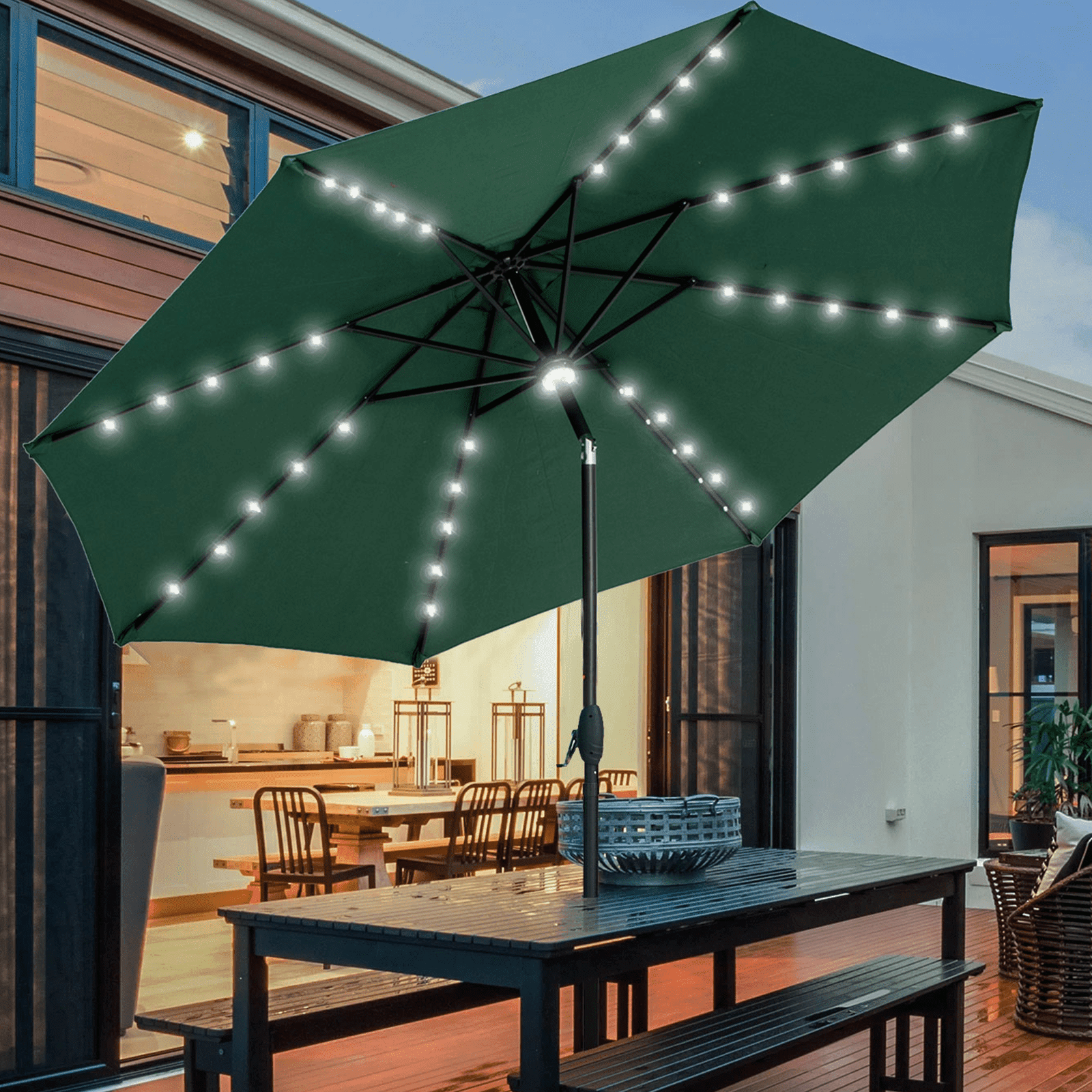 Autlaycil 10 ft Solar Patio Umbrellas with 40 LED lights for Market Outdoor Pool, Steel Tilt Crank, Navy Blue