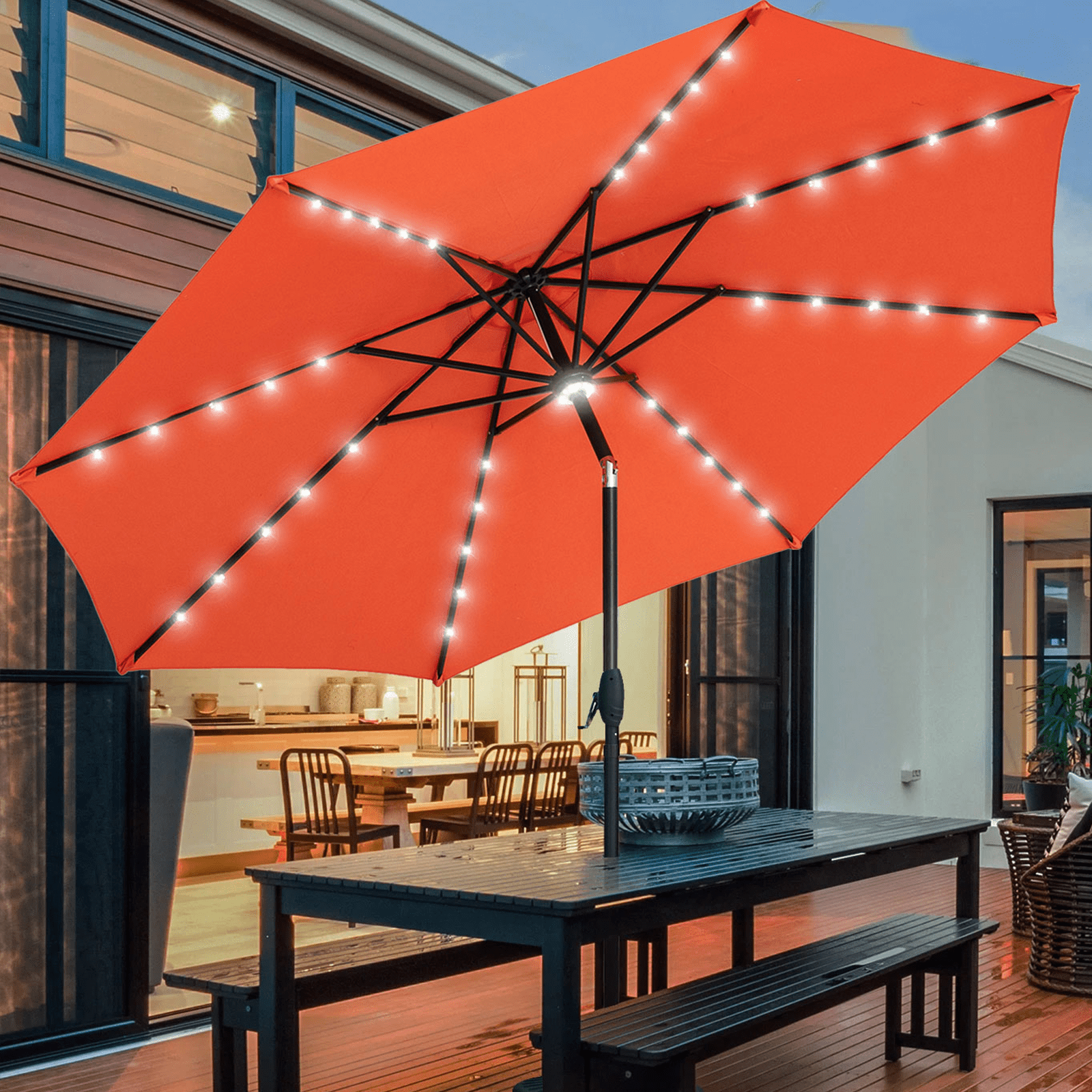 Autlaycil 10 ft Solar Patio Umbrellas with 40 LED lights for Market Outdoor Pool, Steel Tilt Crank, Navy Blue