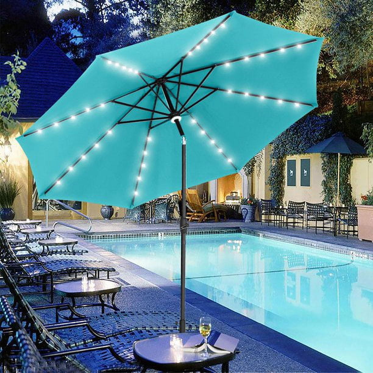 Autlaycil 10 ft Solar Patio Umbrellas with 40 LED lights for Market Outdoor Pool, Steel Tilt Crank, Navy Blue