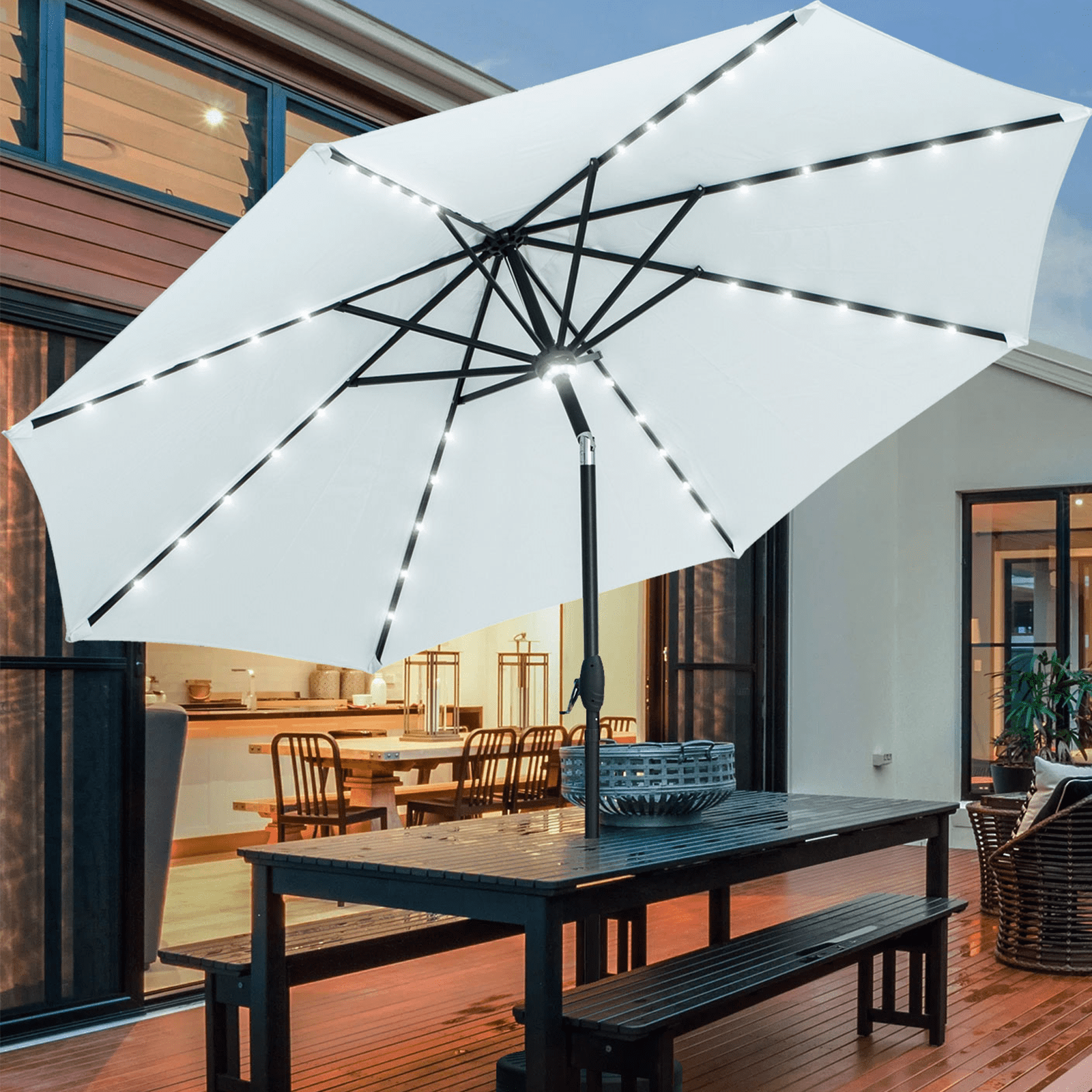 Autlaycil 10 ft Solar Patio Umbrellas with 40 LED lights for Market Outdoor Pool, Steel Tilt Crank, Navy Blue