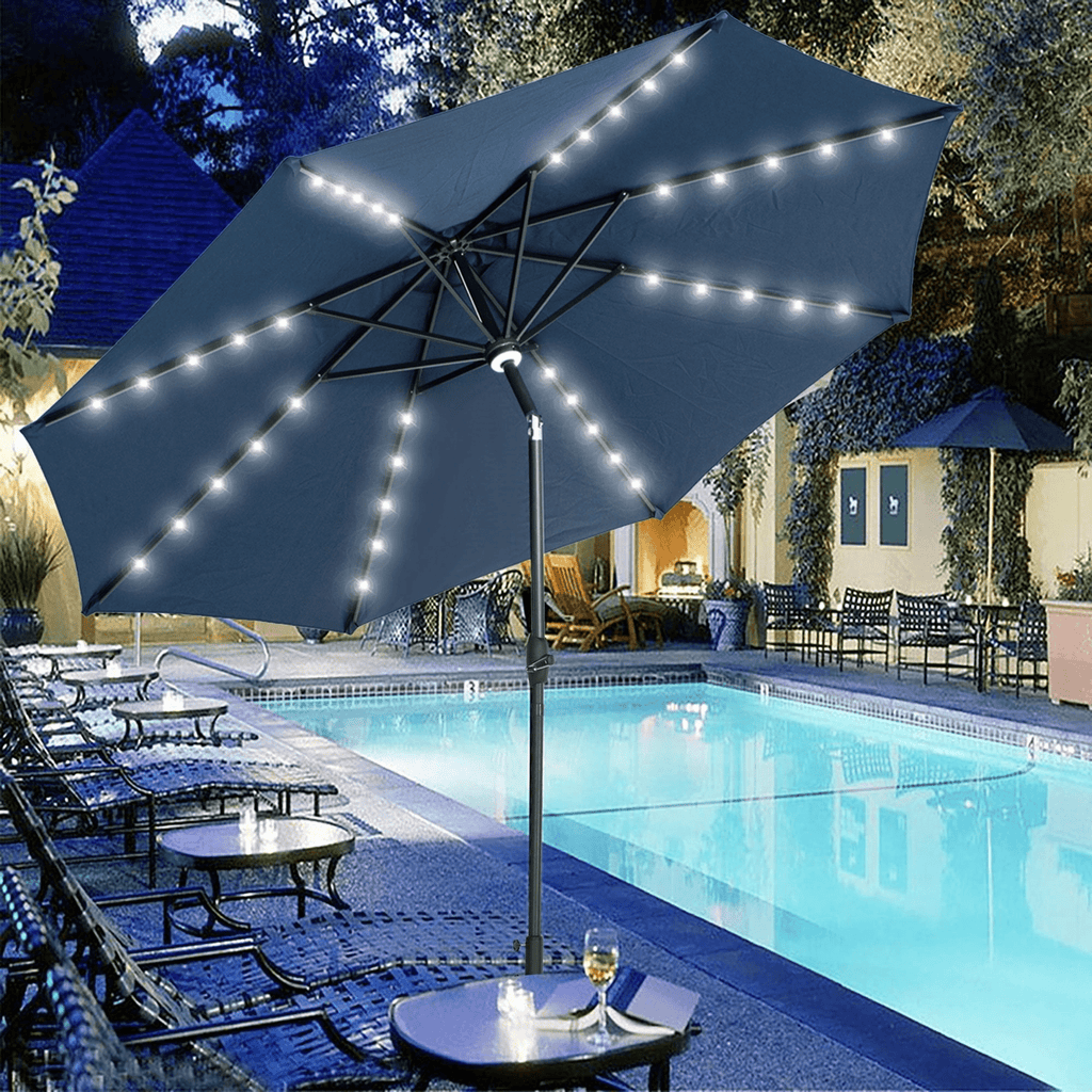 Autlaycil 10 ft Solar Patio Umbrellas with 40 LED lights for Market Outdoor Pool, Steel Tilt Crank, Navy Blue