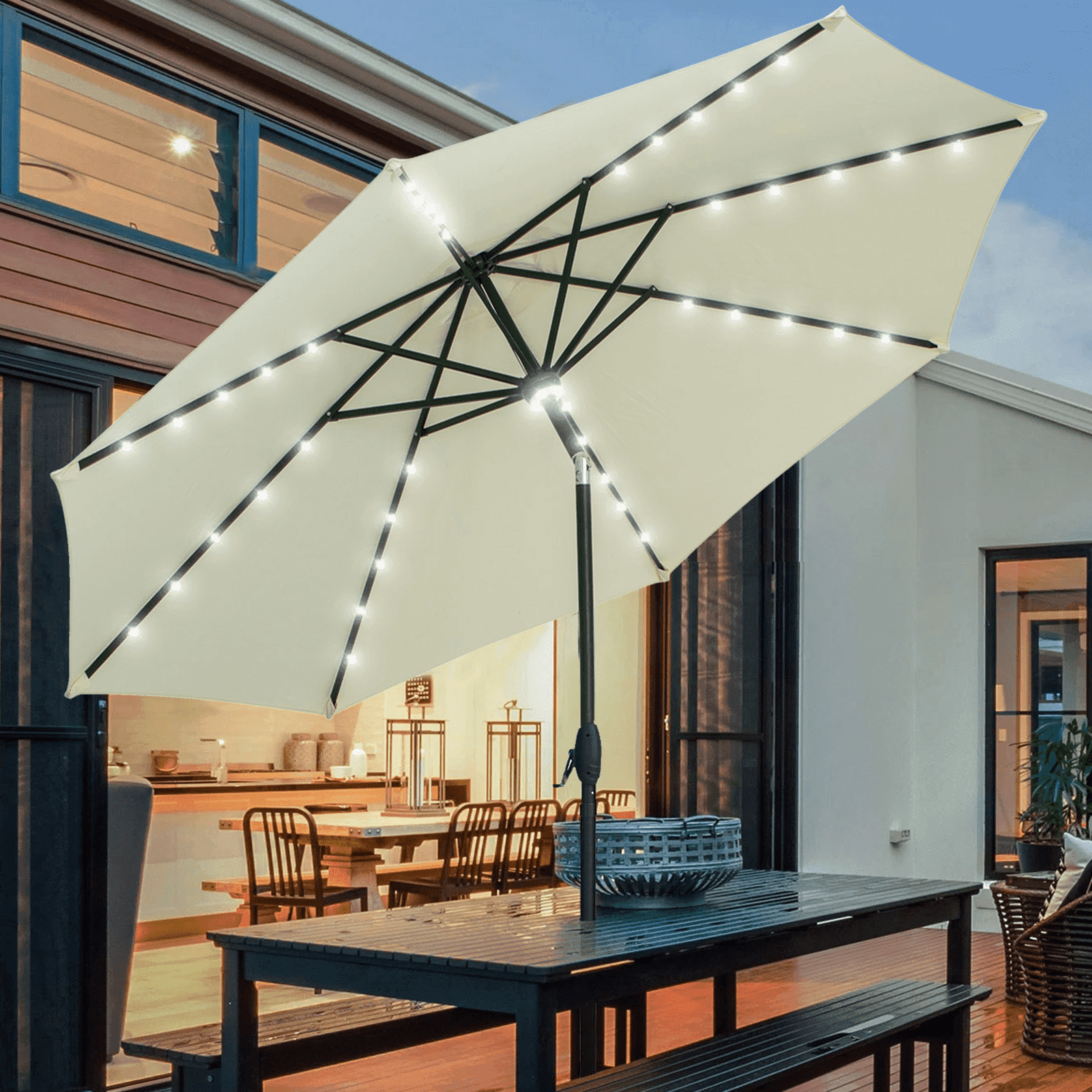 Autlaycil 10 ft Solar Patio Umbrellas with 40 LED lights for Market Outdoor Pool, Steel Tilt Crank, Navy Blue