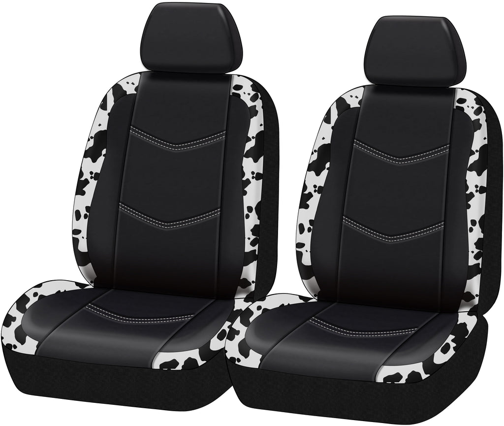 Auto Drive Universal Fit Black,White Cow Faux Leather Car Seat and Headrest Cover, Set of 2
