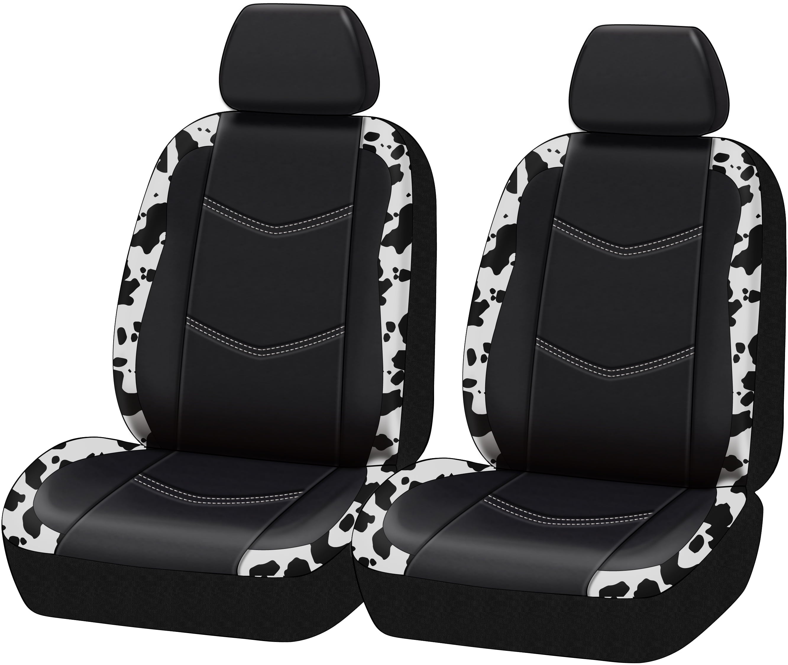 Auto Drive Universal Fit Black,White Cow Faux Leather Car Seat and Headrest Cover, Set of 2