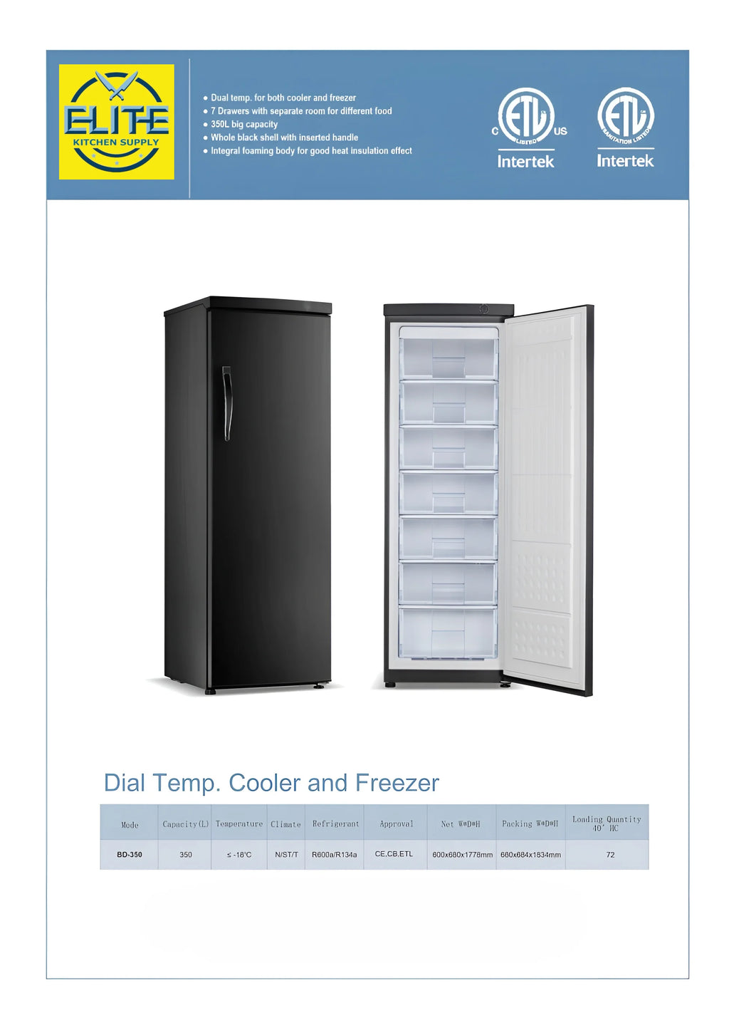 23.6 in. Single Door Seven Drawer Commercial Refrigerator, 12.35 Cu. ft.