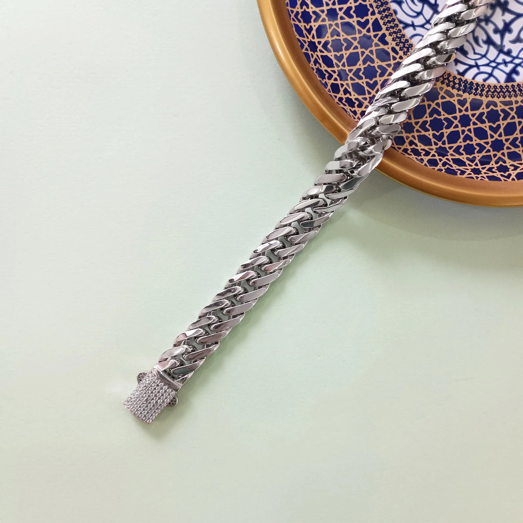 10mm 925 Sterling Silver Hollow Curb Chain Bracelet 8.4 in, Diamond Cut Flat Link Chain Bracelet for Men Zirconia Crystal Full Diamond Clasp