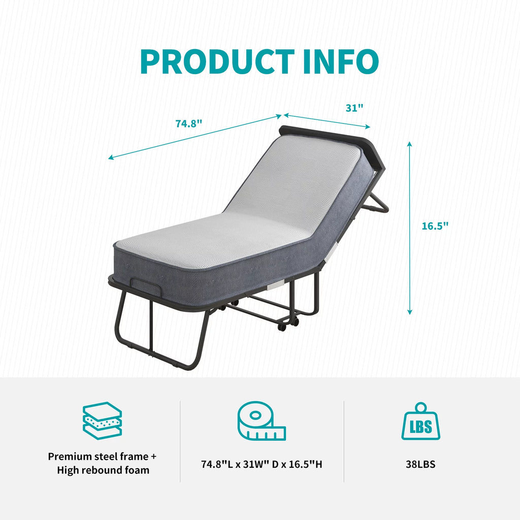 BALUS Extra Thick Folding Bed with Universal Wheels, Foam Mattress and Metal Frame, Movable Daybed, 74.8"L