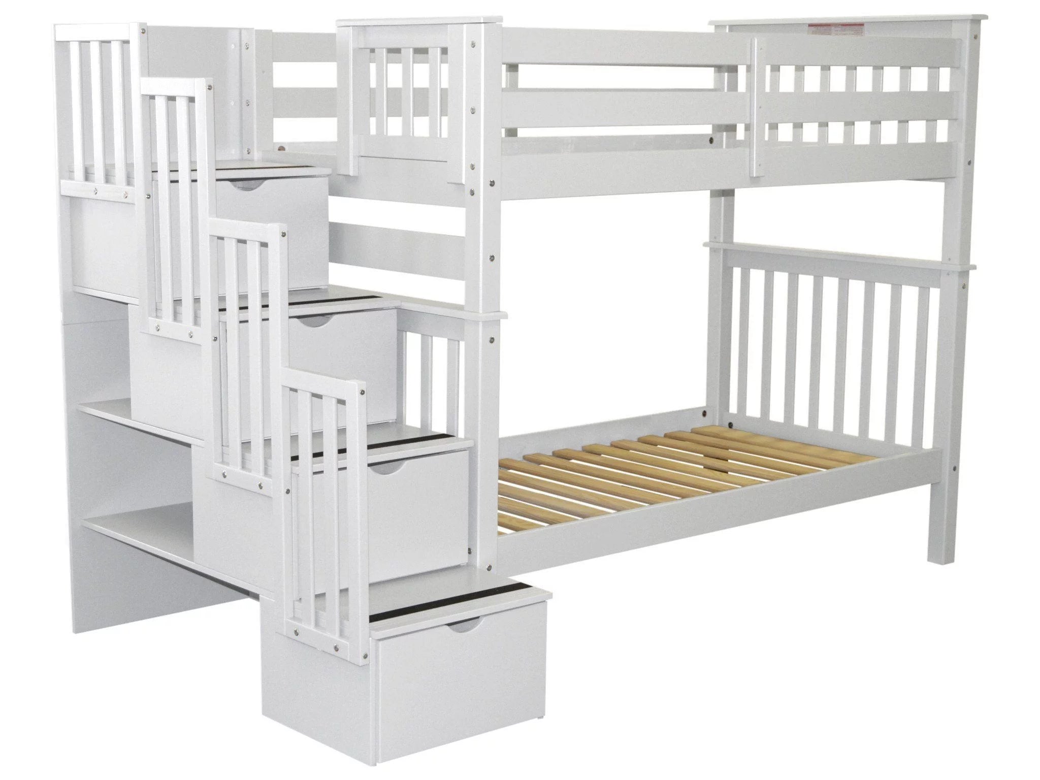 Bedz King Tall Stairway Bunk Beds Twin over Twin with 4 Drawers in the Steps, White