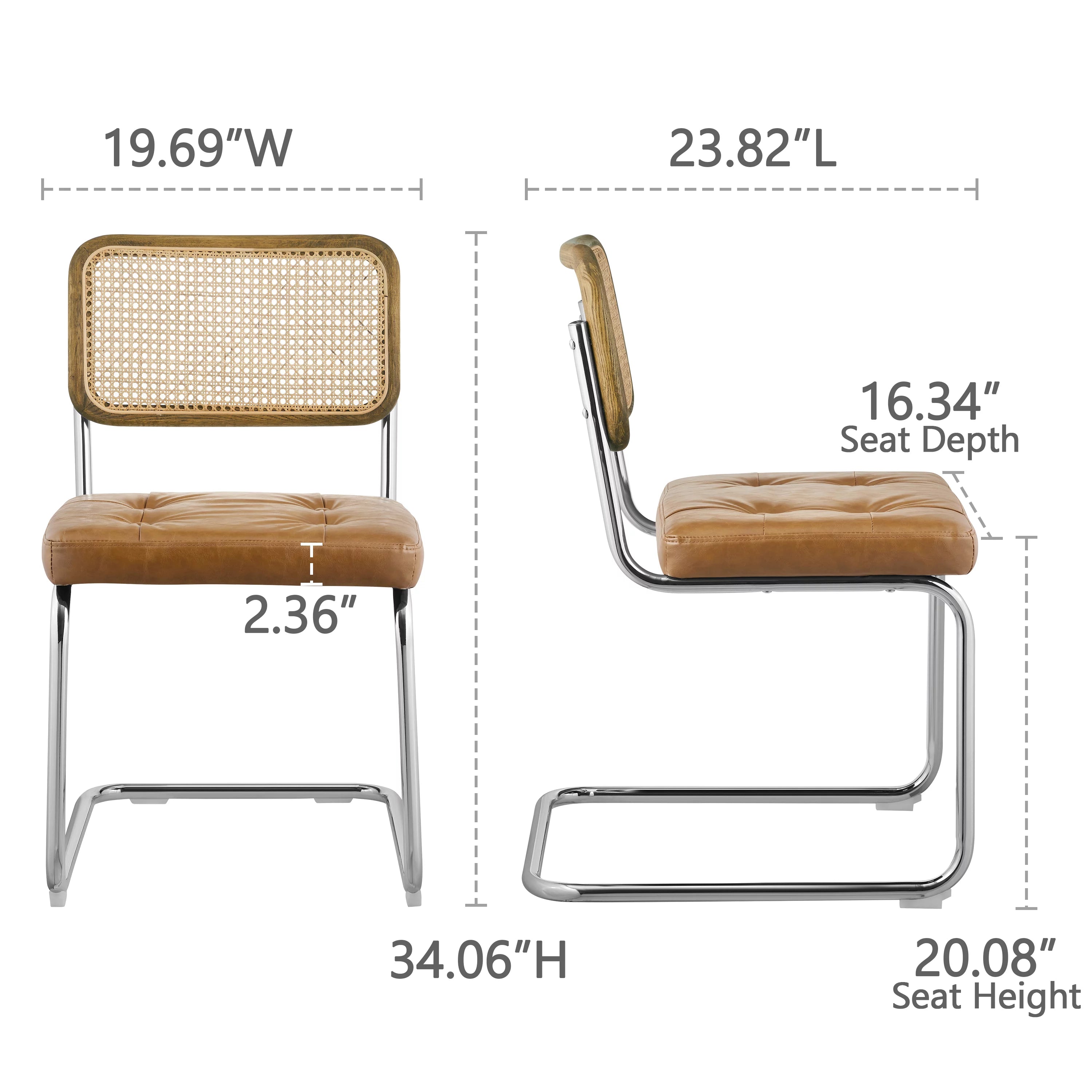 Art Leon Dining Chairs Set of 2,Rattan Upholstered Side Chairs with Cane Back, Faux Leather Dining Room Chairs, Yellow Brown