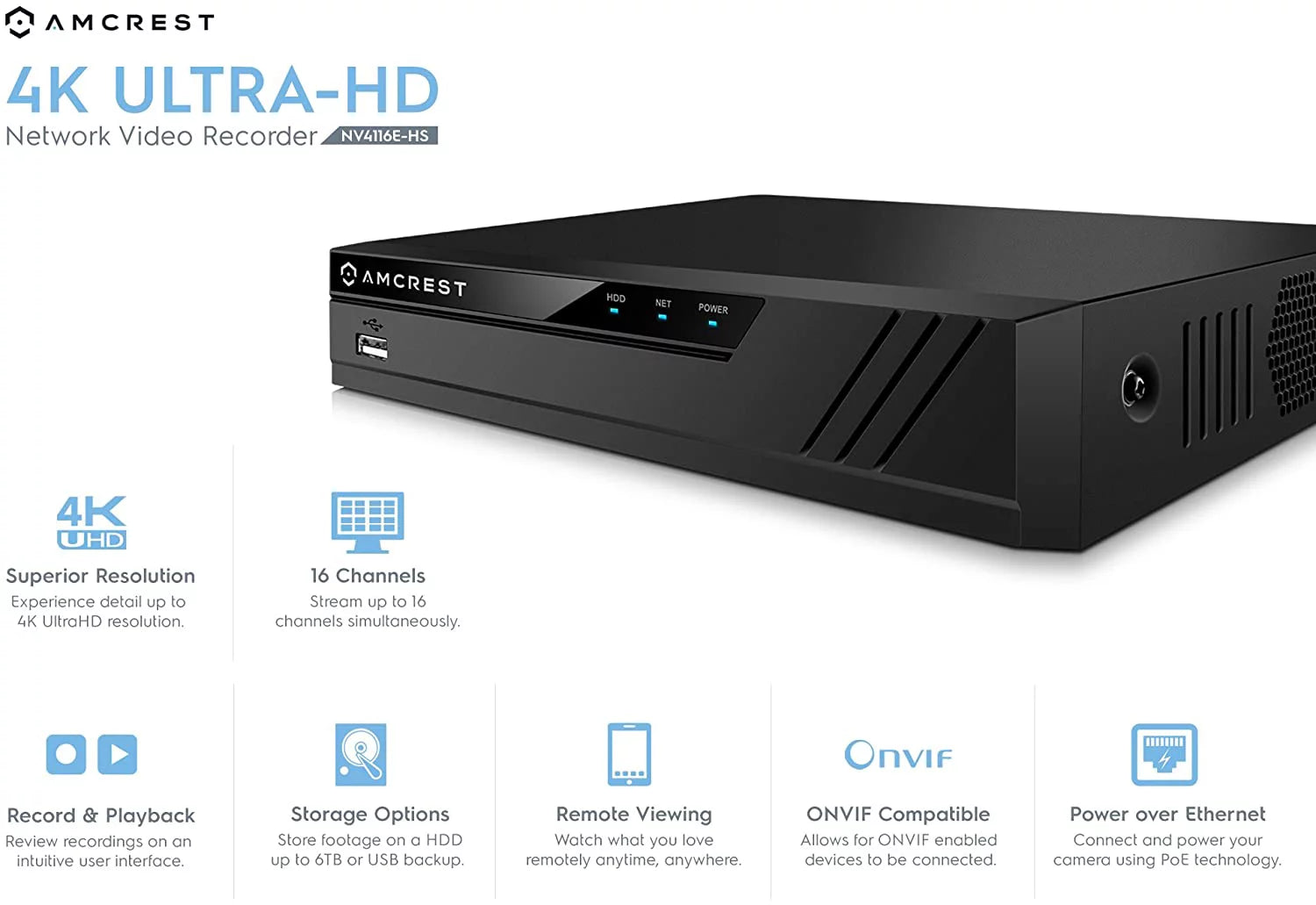 Amcrest 4K Security Camera System, 4K 16CH (8-Port) PoE NVR, (8) x 8-Megapixel IP67 Weatherproof Bullet POE IP Cameras, Pre-Installed 3TB Hard Drive, NV4116E-2496EW8-3TB (White)