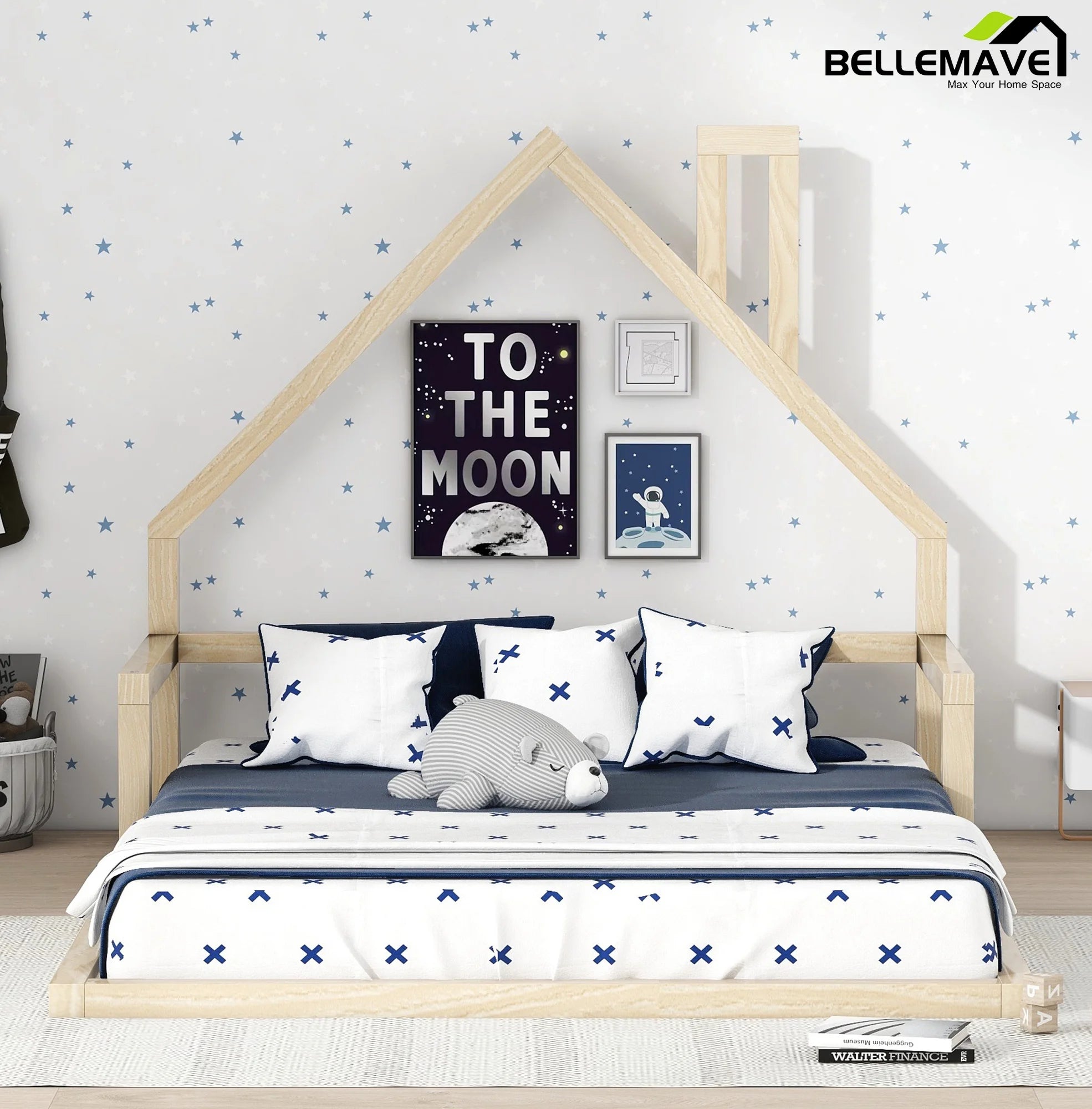 Bellemave Full Size Wood Floor Bed with House-shaped Headboard Toddler Bed Frame Montessori Floor Bed with Rails and Wooden Slats for Kids, Boys, Girls, No Box Spring Needed, Natural