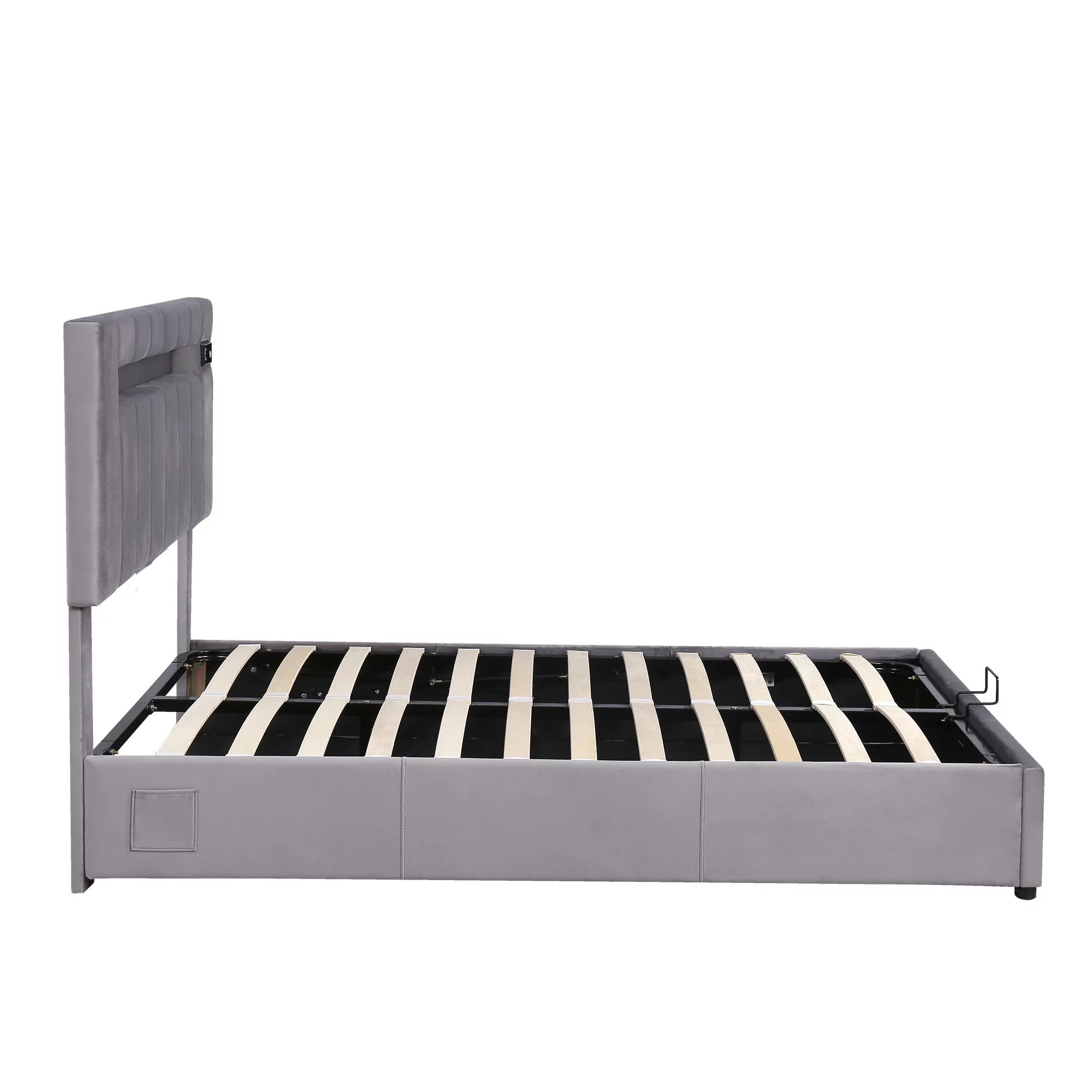 Bellemave Full Size Bed Frame with Storage and LED Light, Lift Up Upholstered Platform Bed with Bluetooth Player and USB Charging, Velvet Fabric Hydraulic Storage Bed (Gray)