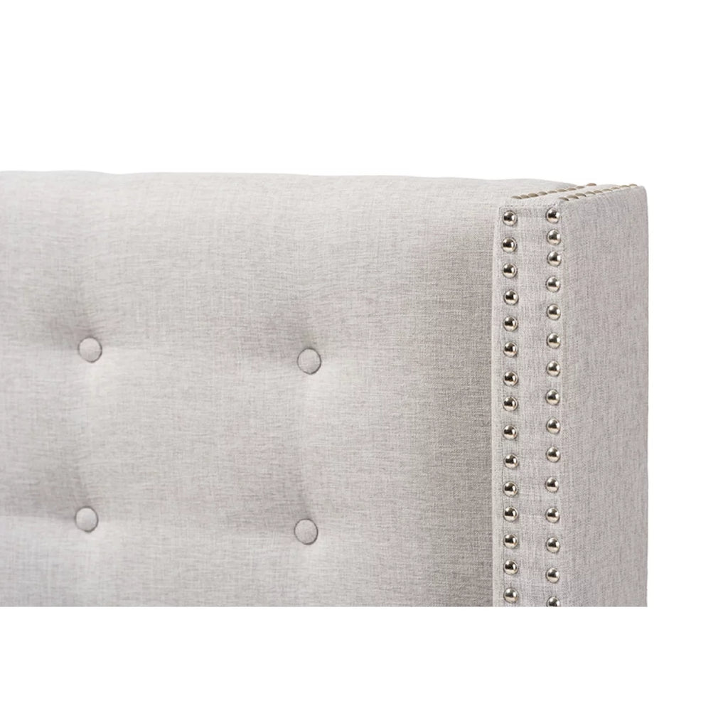 Baxton Studio Ginaro Modern And Contemporary Greyish Beige Fabric Button-Tufted Nail head Queen Size Winged