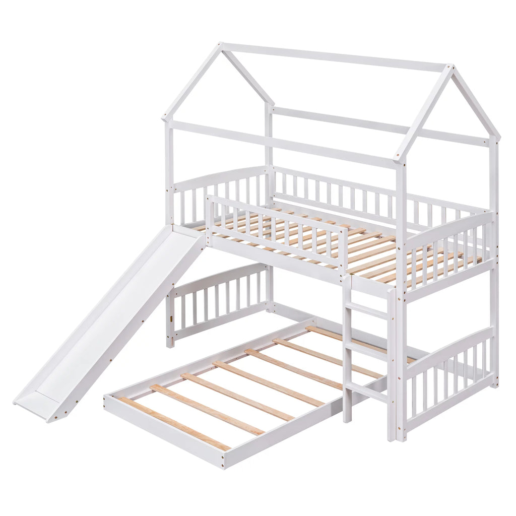 Aukfa Twin over Twin Bunk Bed with Slide, L-Shaped House Bunk Bed for Kids, Boys and Girls, Wooden - White