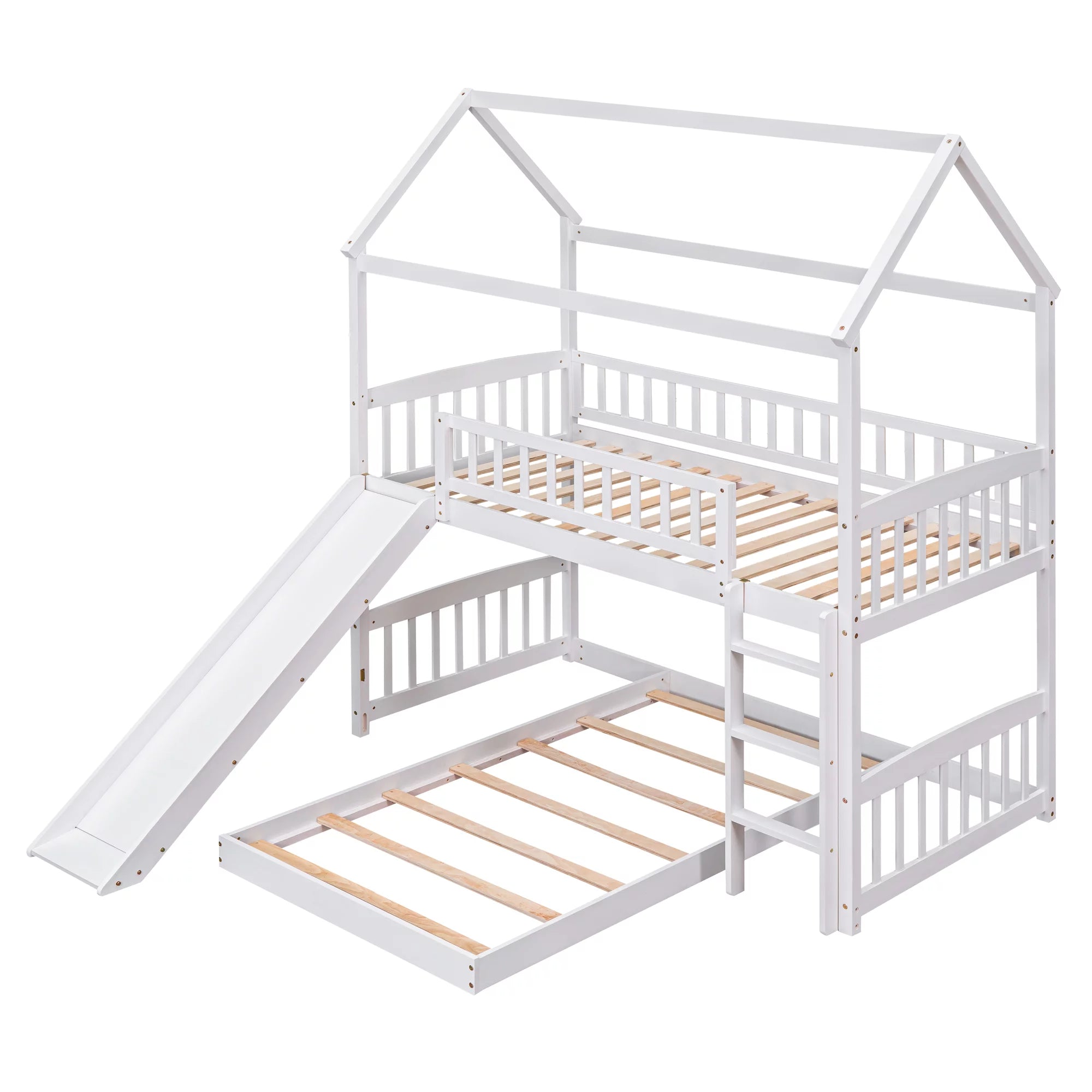 Aukfa Twin over Twin Bunk Bed with Slide, L-Shaped House Bunk Bed for Kids, Boys and Girls, Wooden - White