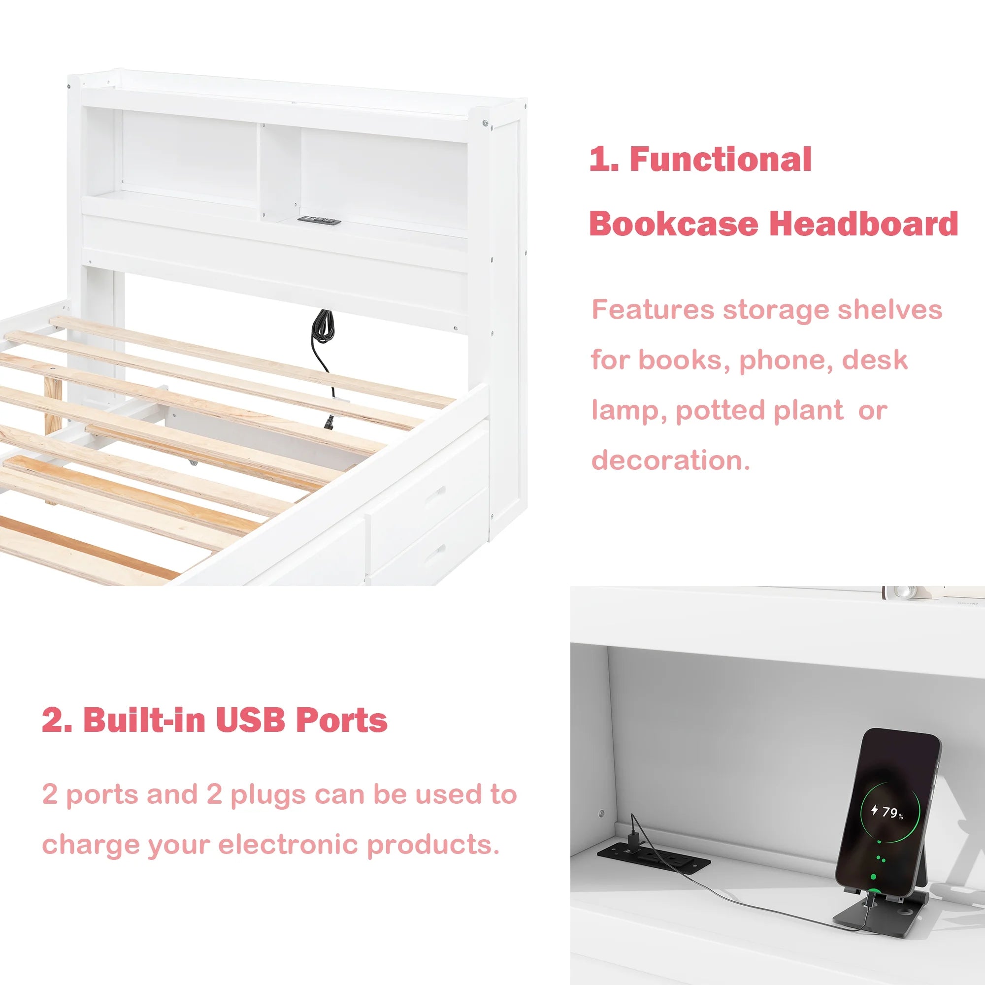 Bellemave Full Size Captain Bed with Storage Bookcase Headboard and USB Charging Ports Platform Bed with Trundle and Drawers Wooden Storage Bed Frame for Kids, Teens (White)