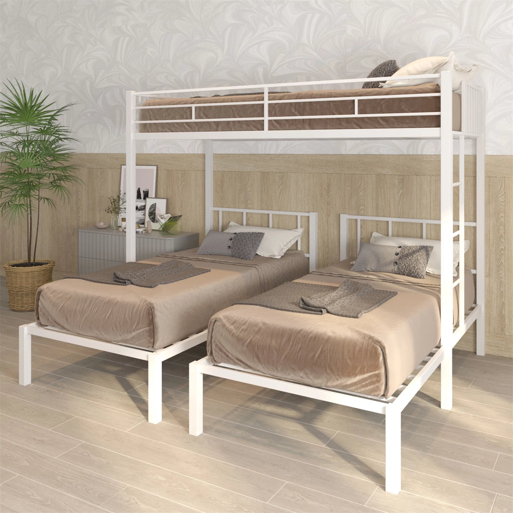 Aukfa Triple Bunk Bed, Convertible to 3 Twin Size Metal Bed Frame, Twin over Twin and Twin, White