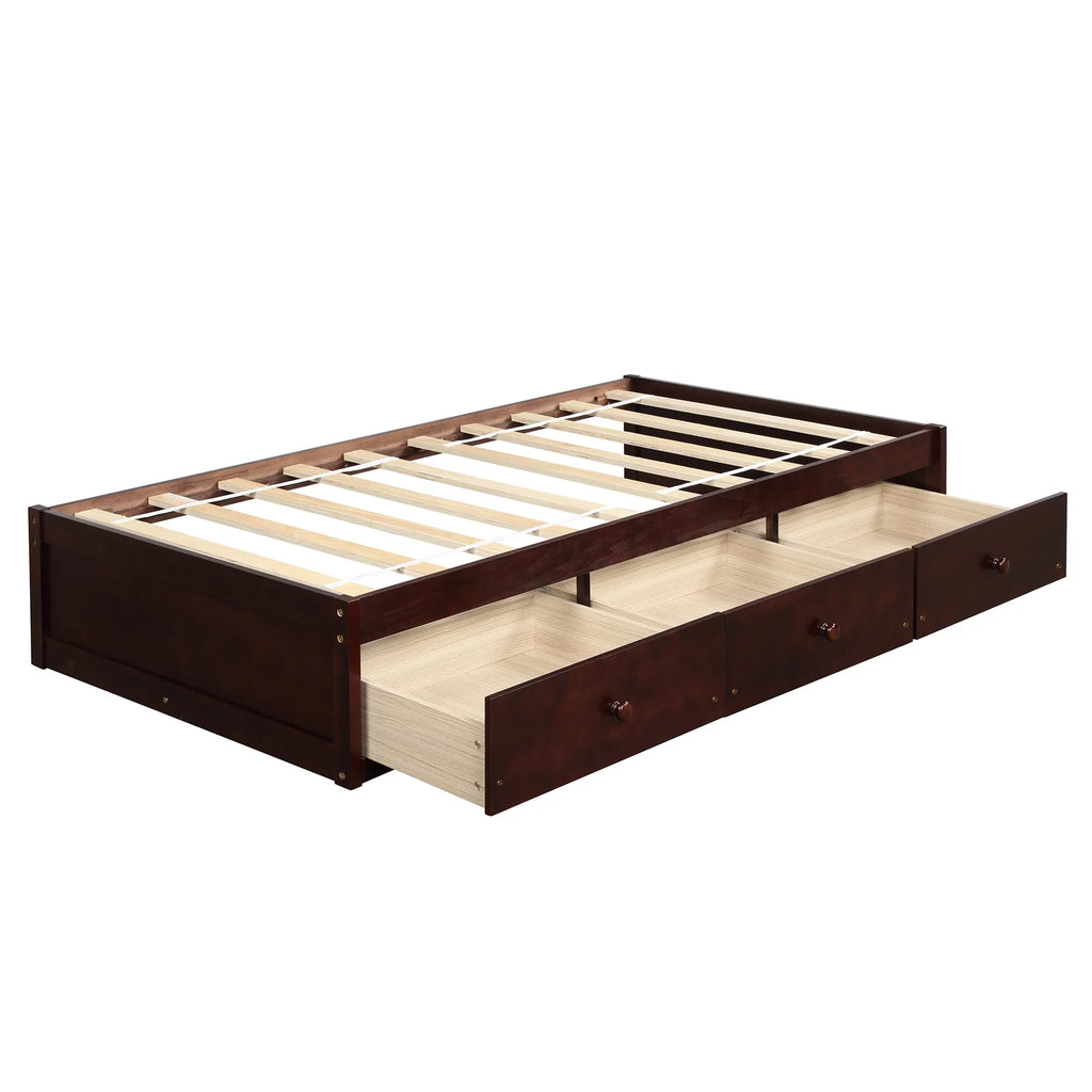 Bellemave Twin Size Platform Bed with Storage Drawers Twin Size Storage Bed with Wooden Slats Space Saving Wood Bed Frame for Kids Teens No Box Spring Needed, Cherry Brown