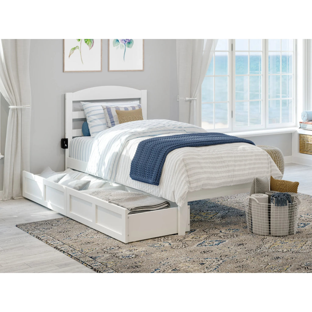 AFI Warren Solid Wood Twin Bed with 2 Storage Drawers and USB Charger in White