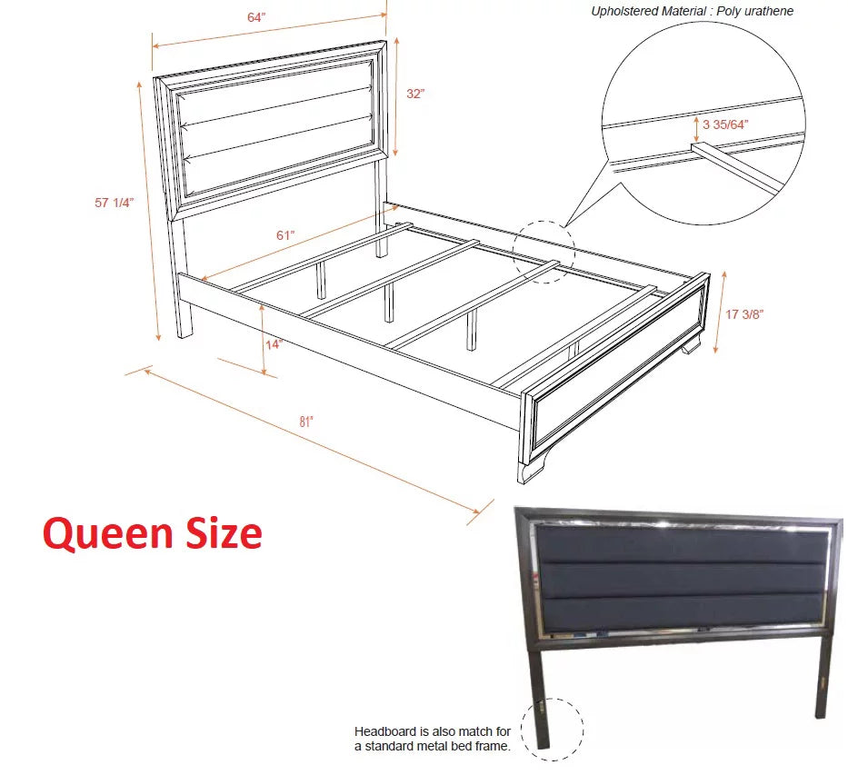 5 Piece Queen Size Modern Gray Wood With Upholstered Tufted Faux Leather Headboard Panel Bedroom Set (Bed, Dresser & Mirror, Chest, Nightstand)