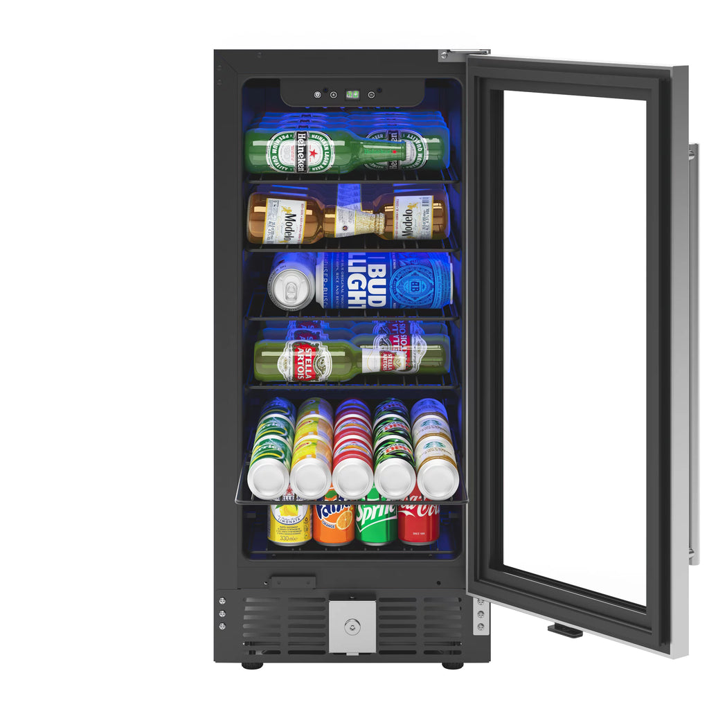 15 in. Small Stainless Steel, Glass-Door Built-In Refrigerator and Beverage Cooler, 3 cu. ft. - KM-BIR3C-GD.