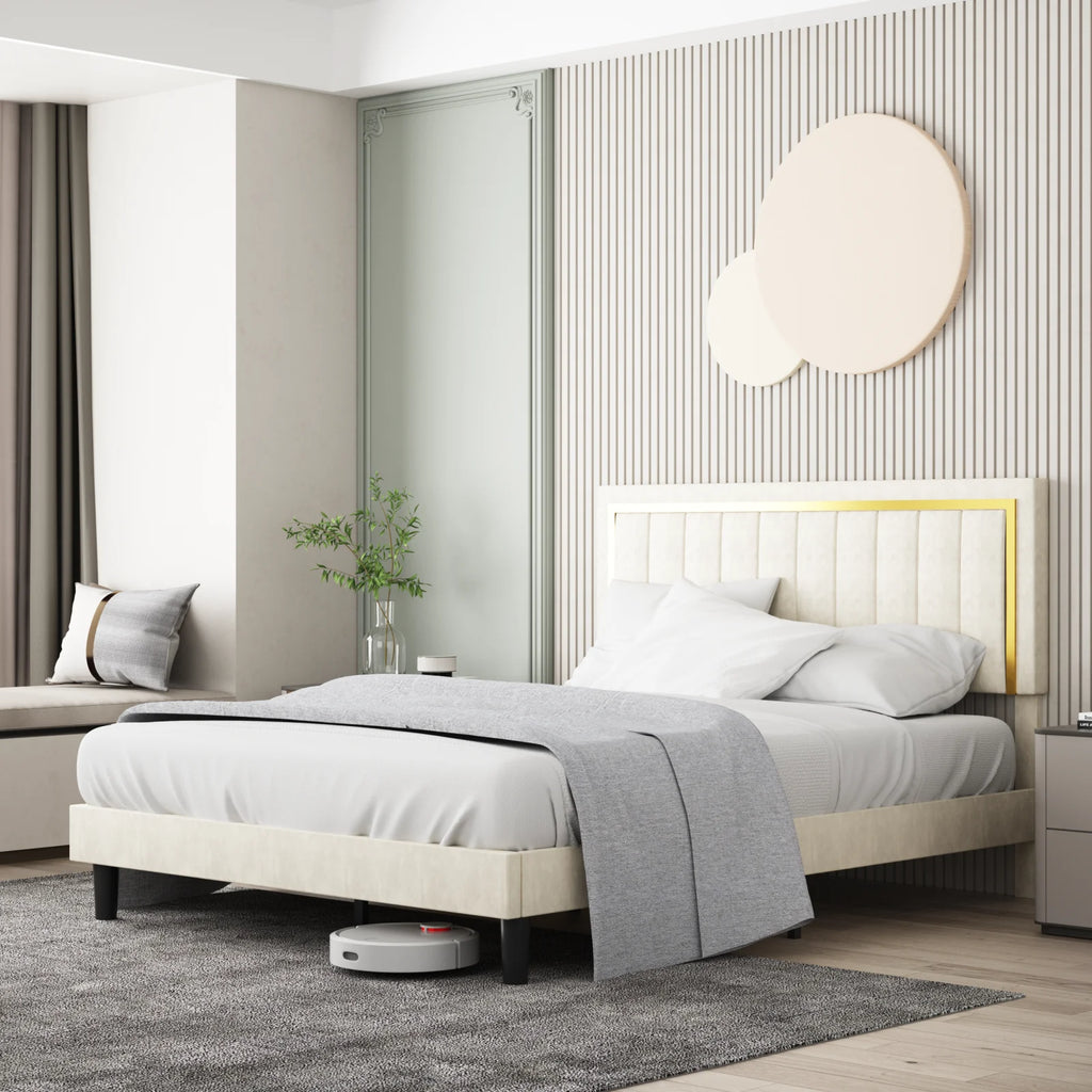 Bed Frame Upholstered Platform with Gold Trim Upholstered and Strong Wooden Slats, Strong Weight Capacity, Non-Slip and Noise-Free, Easy Assembly,Beige