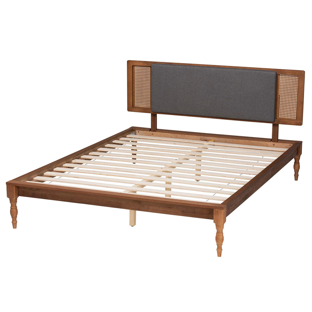 Baxton Studio Eliseo Mid-Century Modern Dark Grey Fabric and Walnut Brown Finished Wood Queen Size Platform Bed
